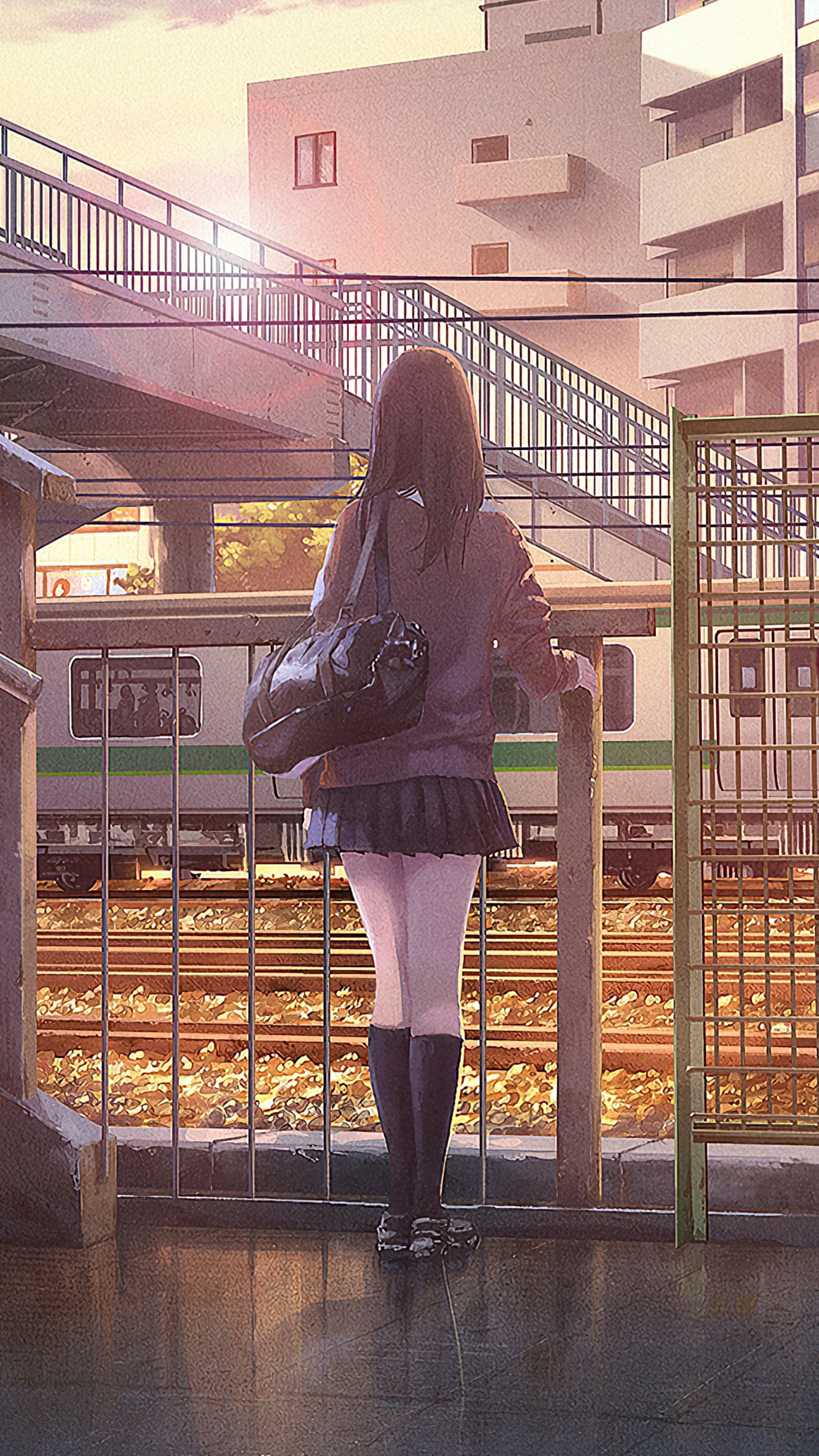 Anime girl at train station during sunset HD Phone Wallpaper