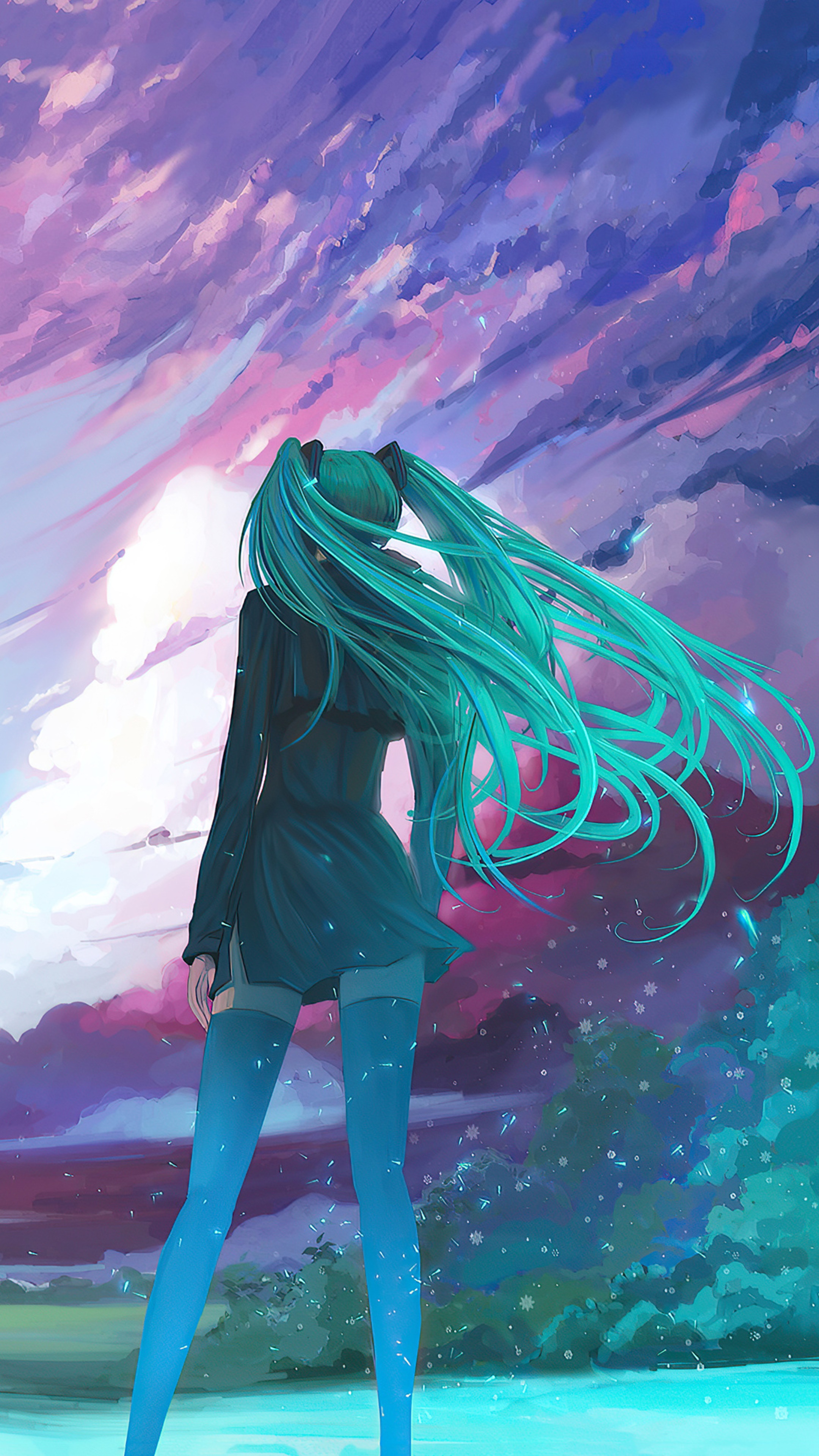 Anime girl with teal twin tails against a colorful sky HD Phone Wallpaper