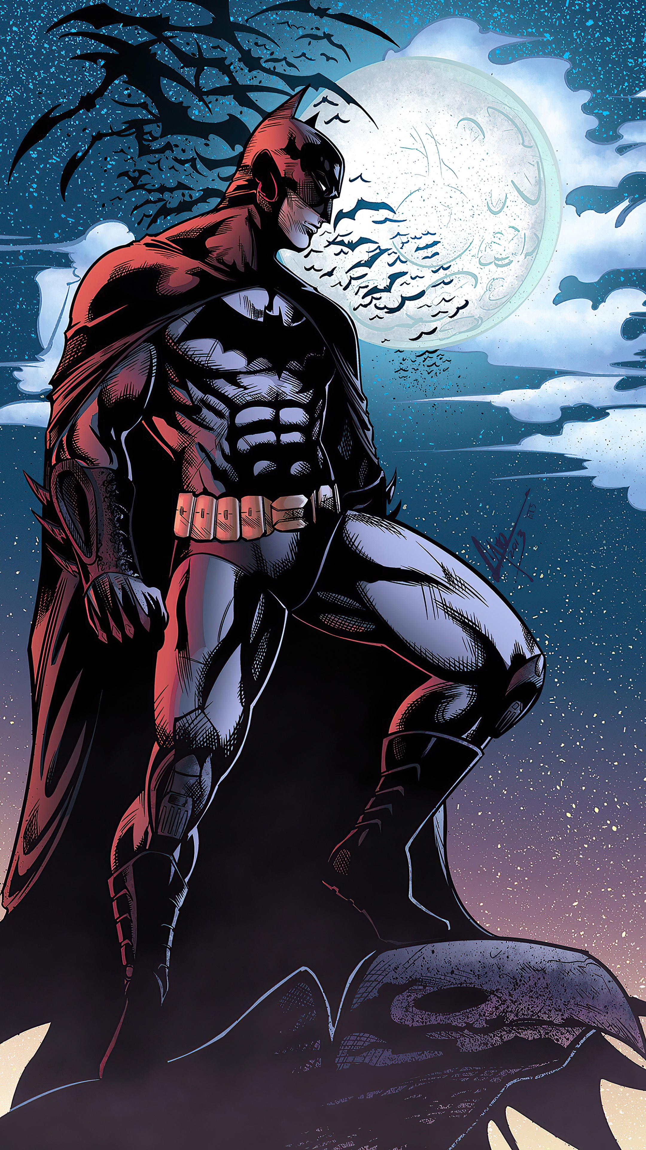 Batman standing on a gargoyle under the moon HD Phone Wallpaper