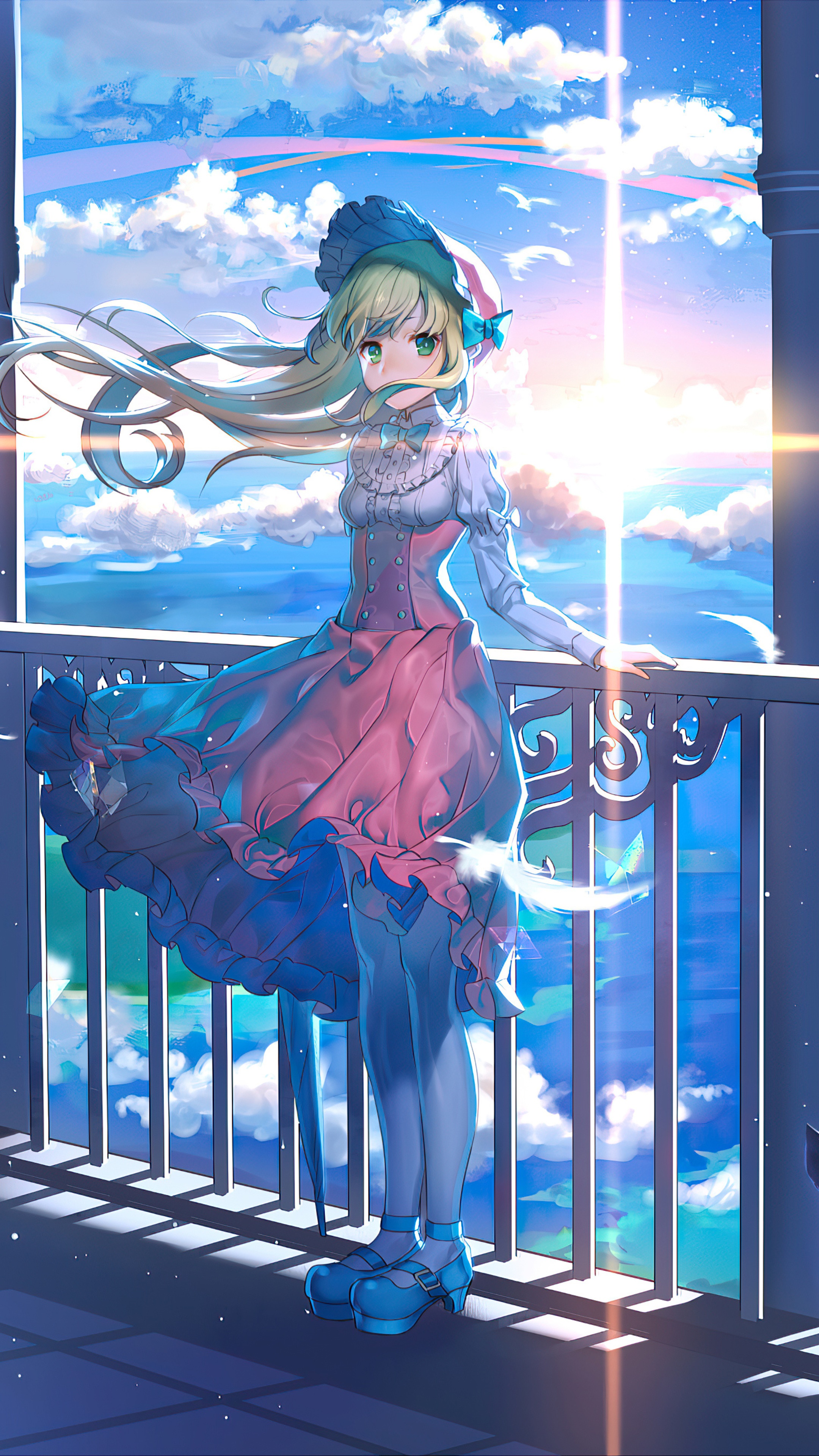Anime girl with blonde hair and blue hat on balcony HD Phone Wallpaper