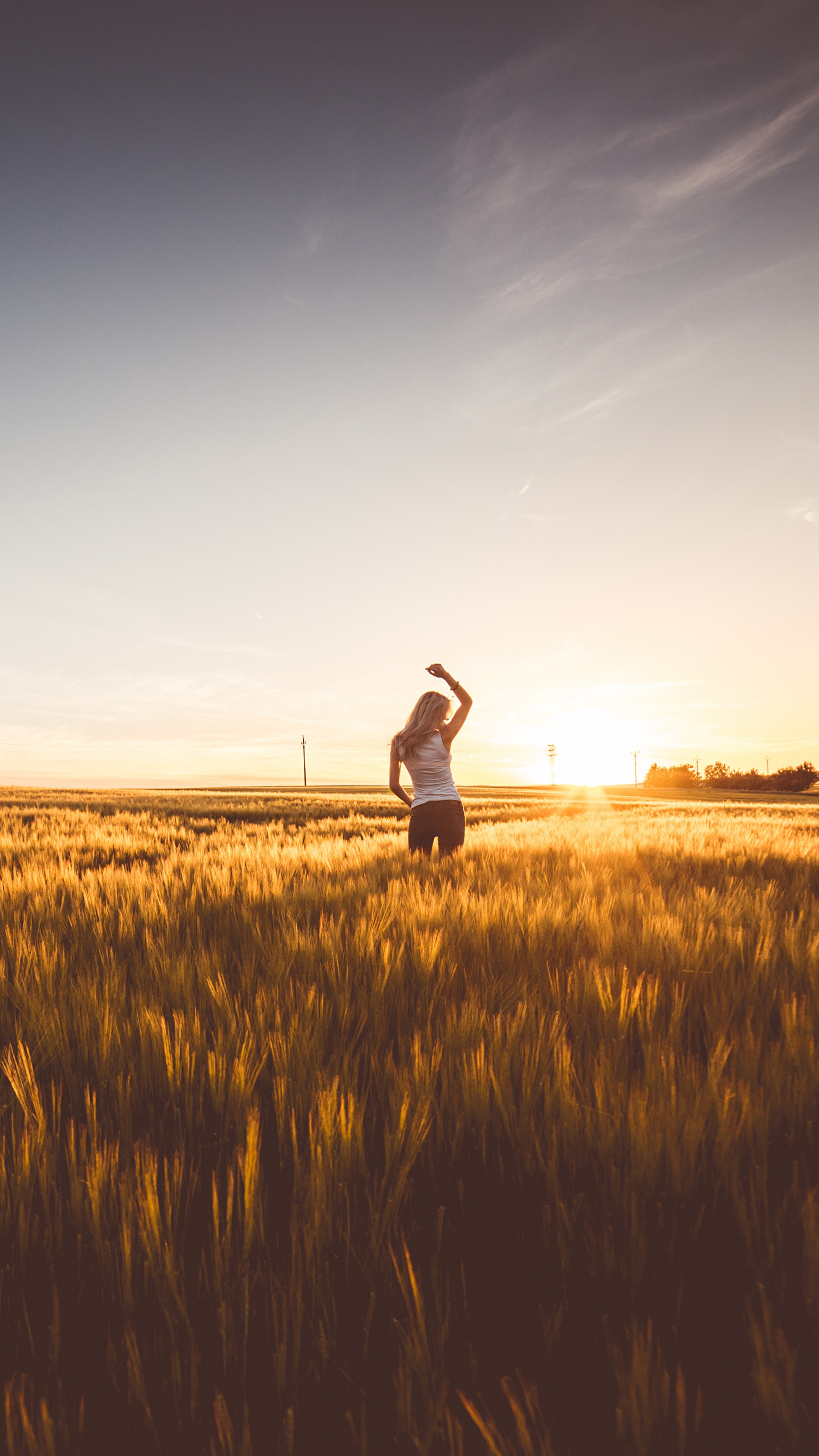 Woman in a field at sunset HD Phone Wallpaper