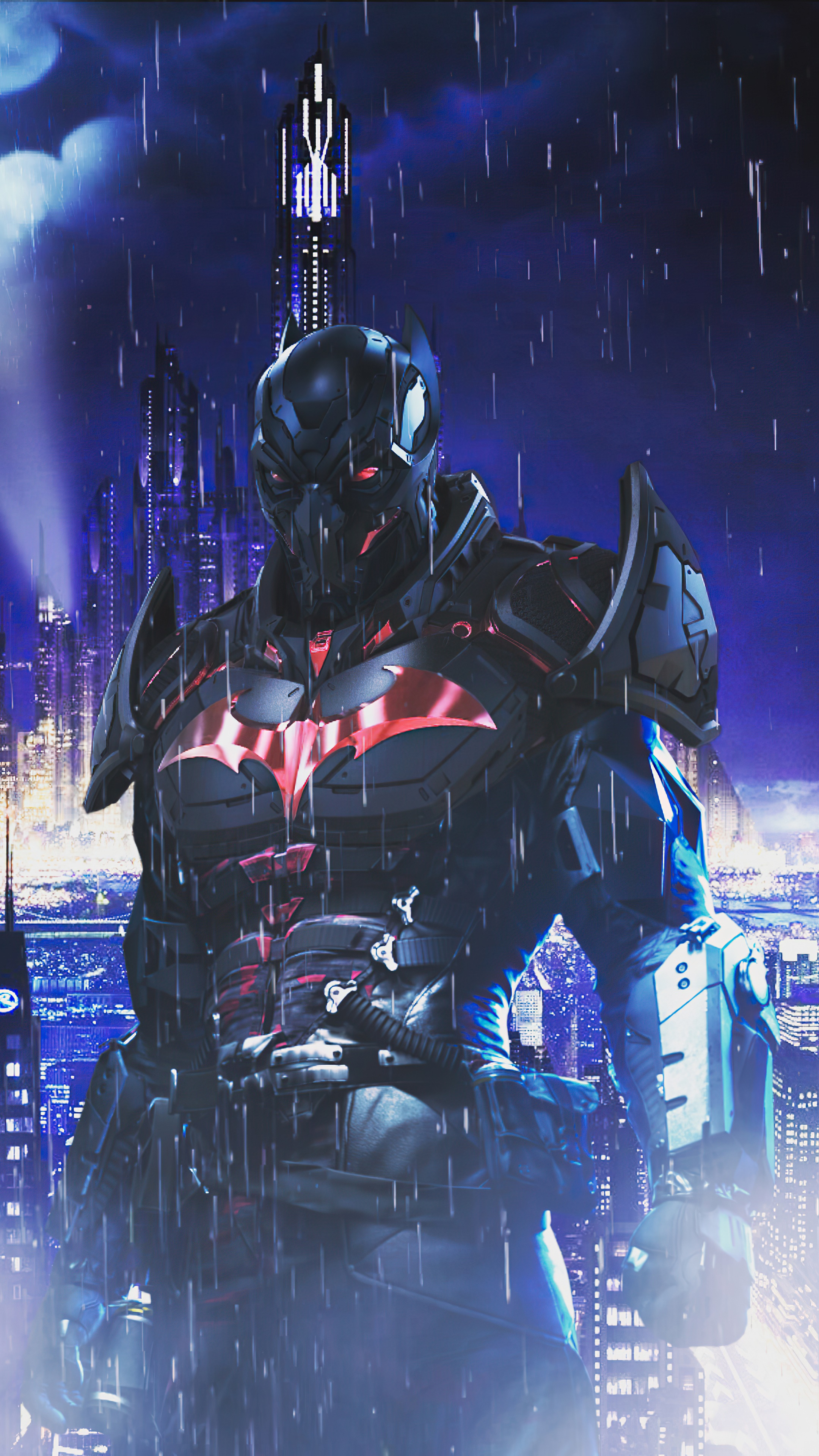 Batman from DC Comics in a futuristic city HD Phone Wallpaper