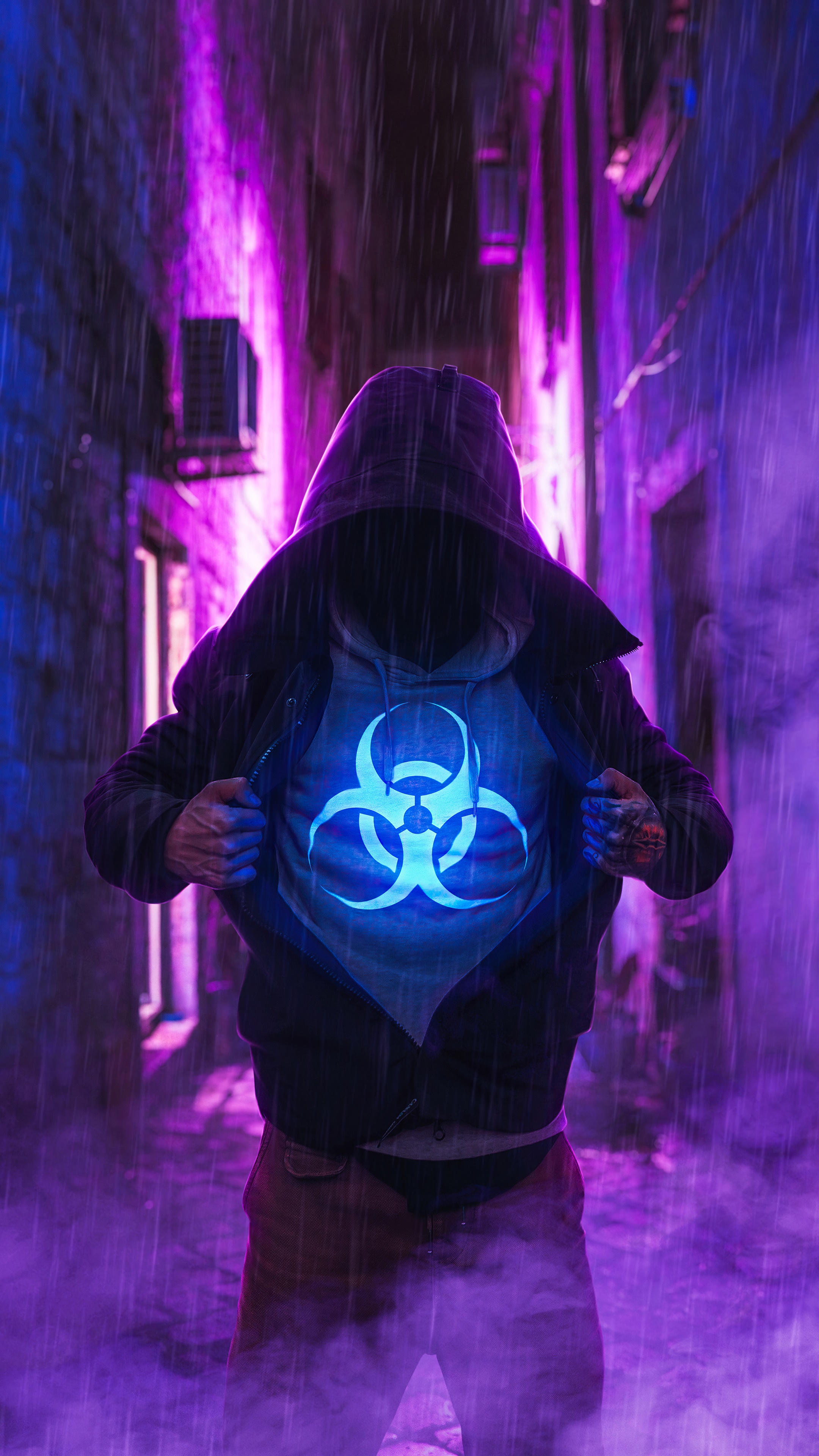Hooded figure with biohazard symbol in alley HD Phone Wallpaper
