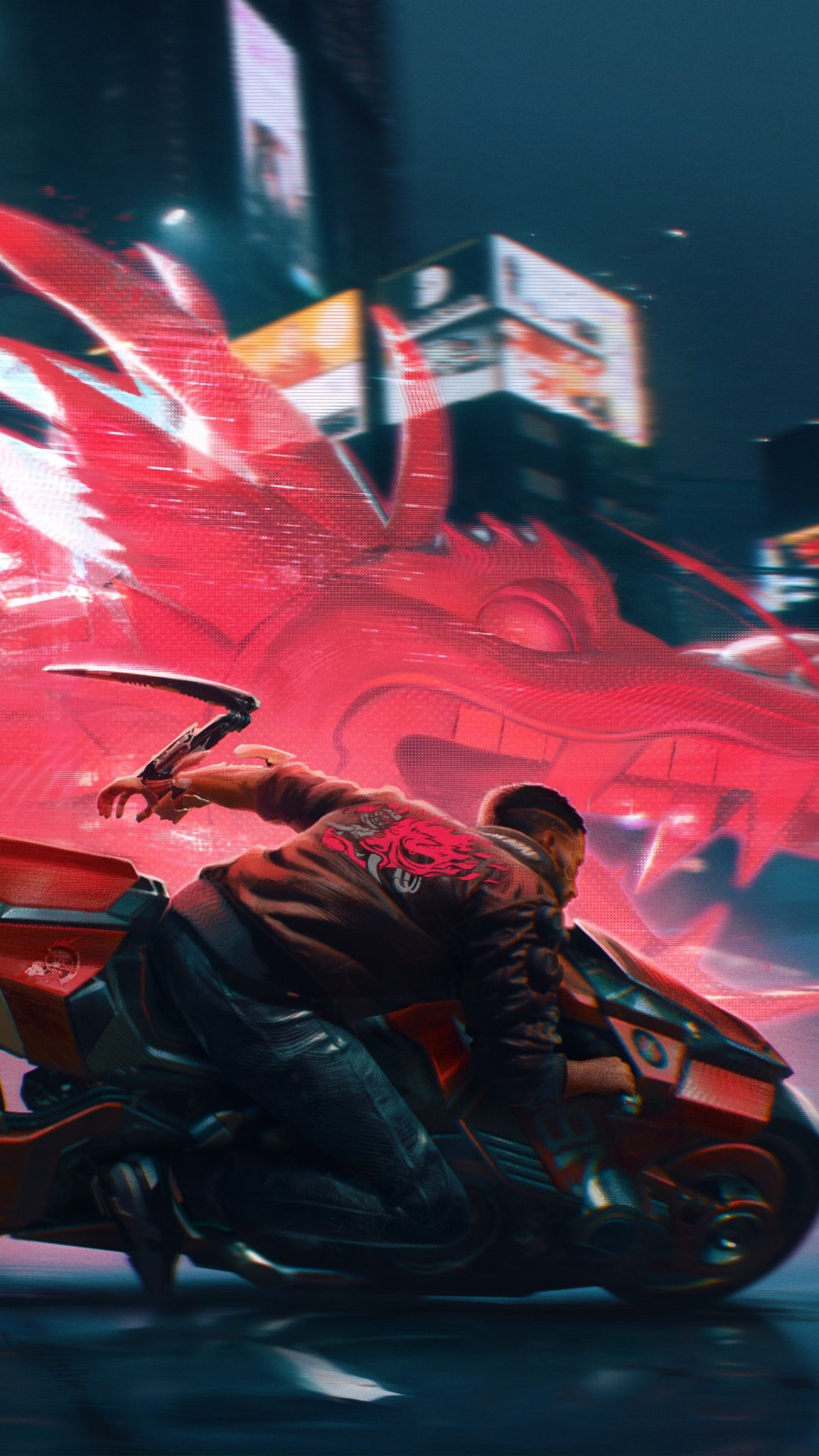 Man on motorcycle with dragon in Cyberpunk 2077 4K HD Phone Wallpaper