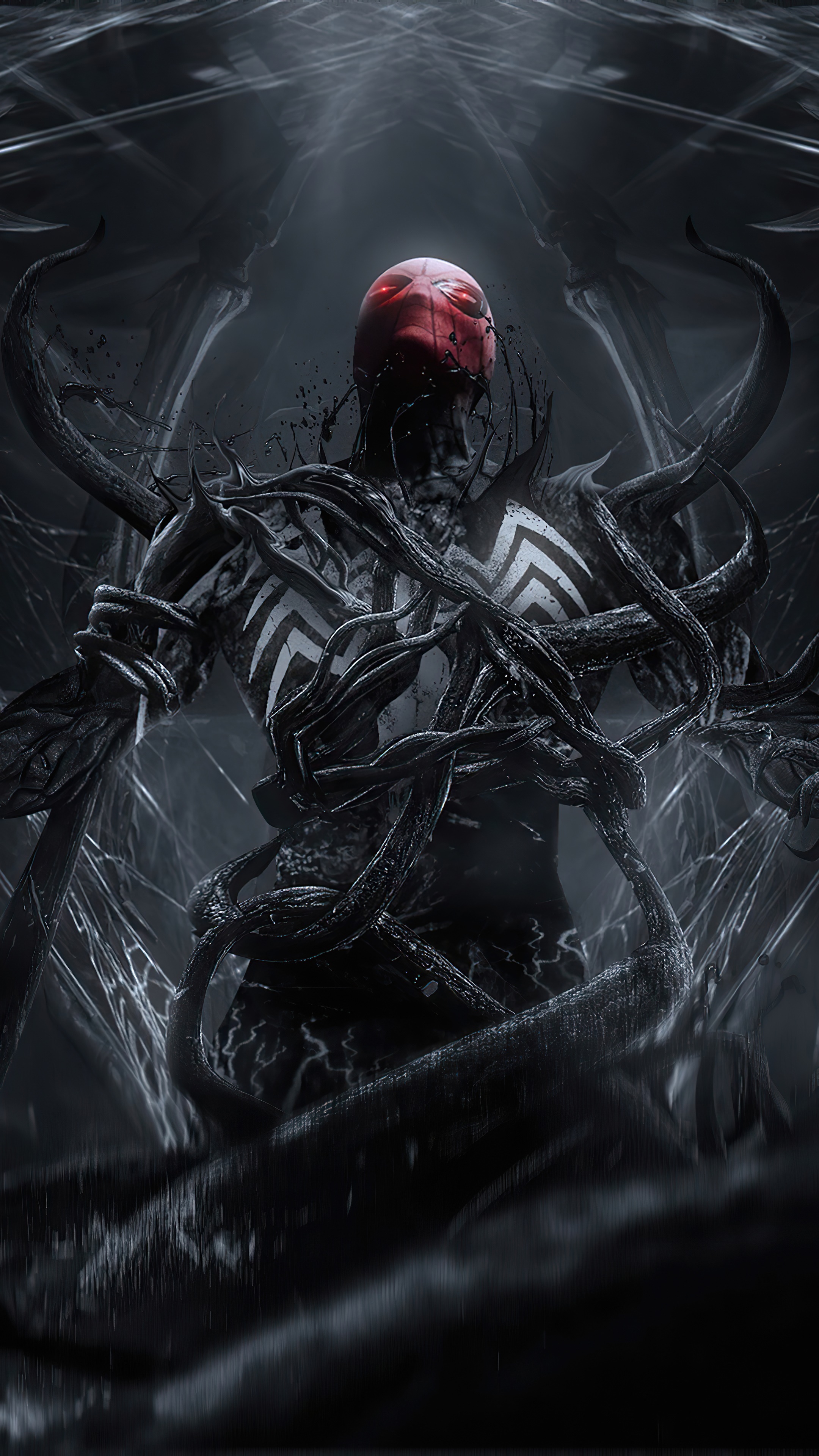 Venom with red head and black tendrils 4K HD Phone Wallpaper