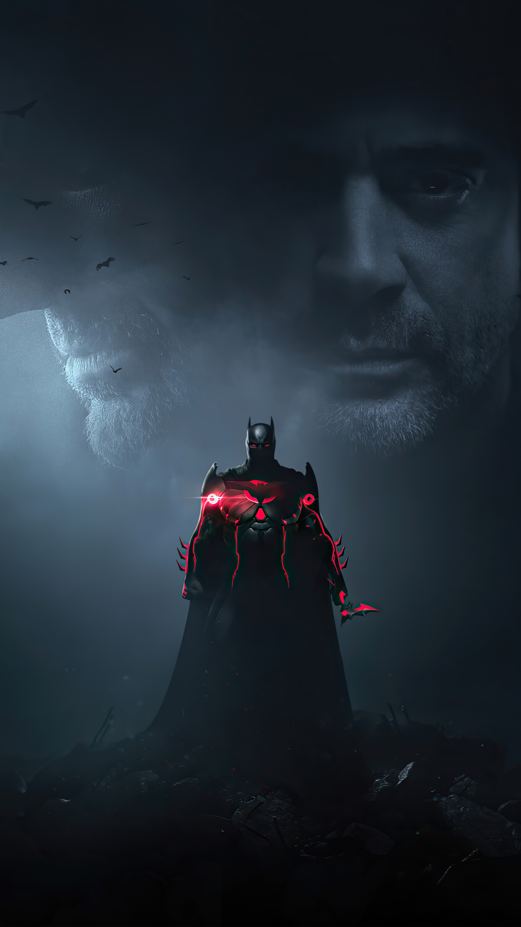 Batman with glowing red eyes and a man's face in the background HD Phone Wallpaper