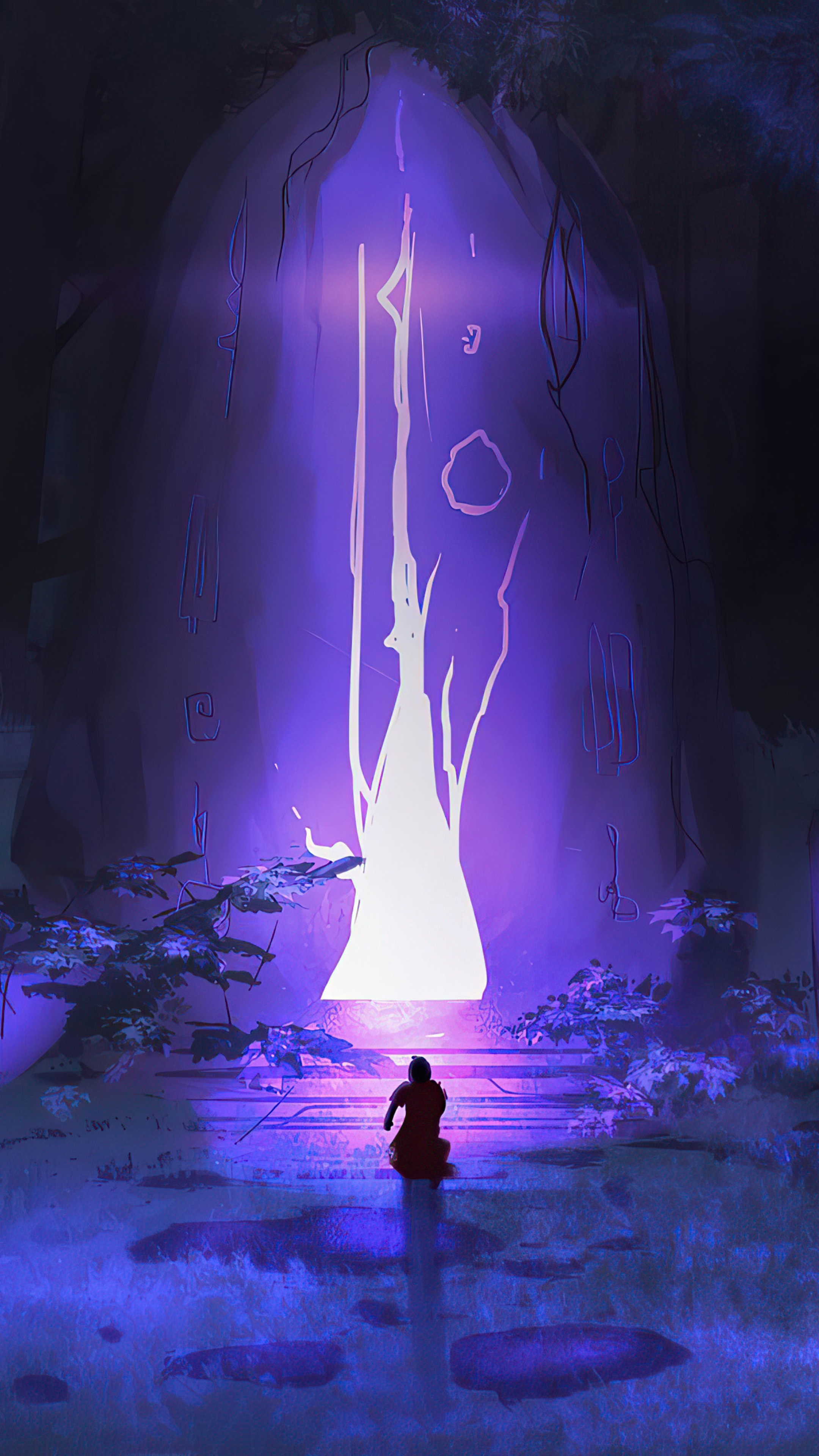 Person kneeling before a glowing purple portal HD Phone Wallpaper