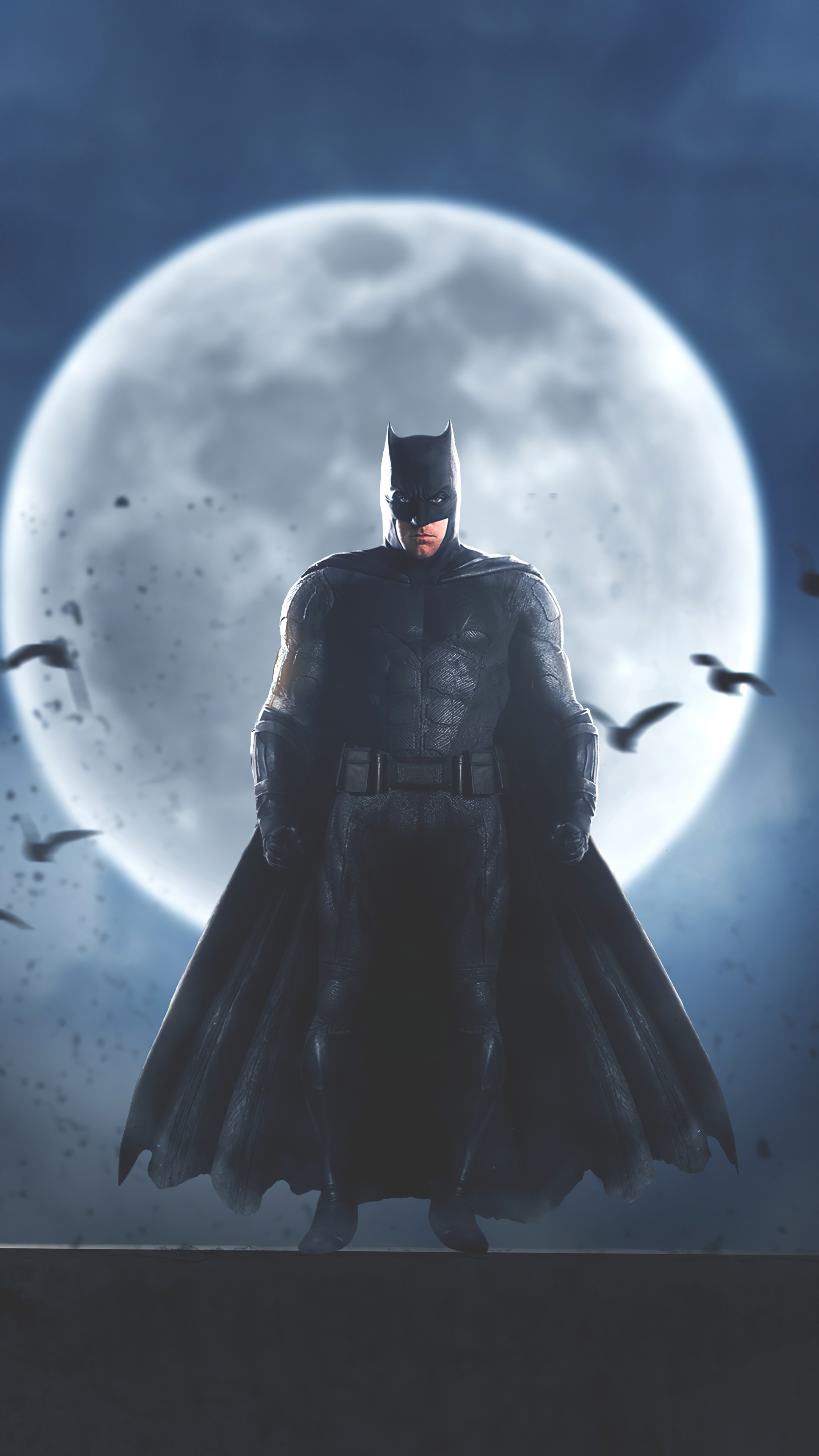 Batman standing in front of a full moon with birds flying HD Phone Wallpaper