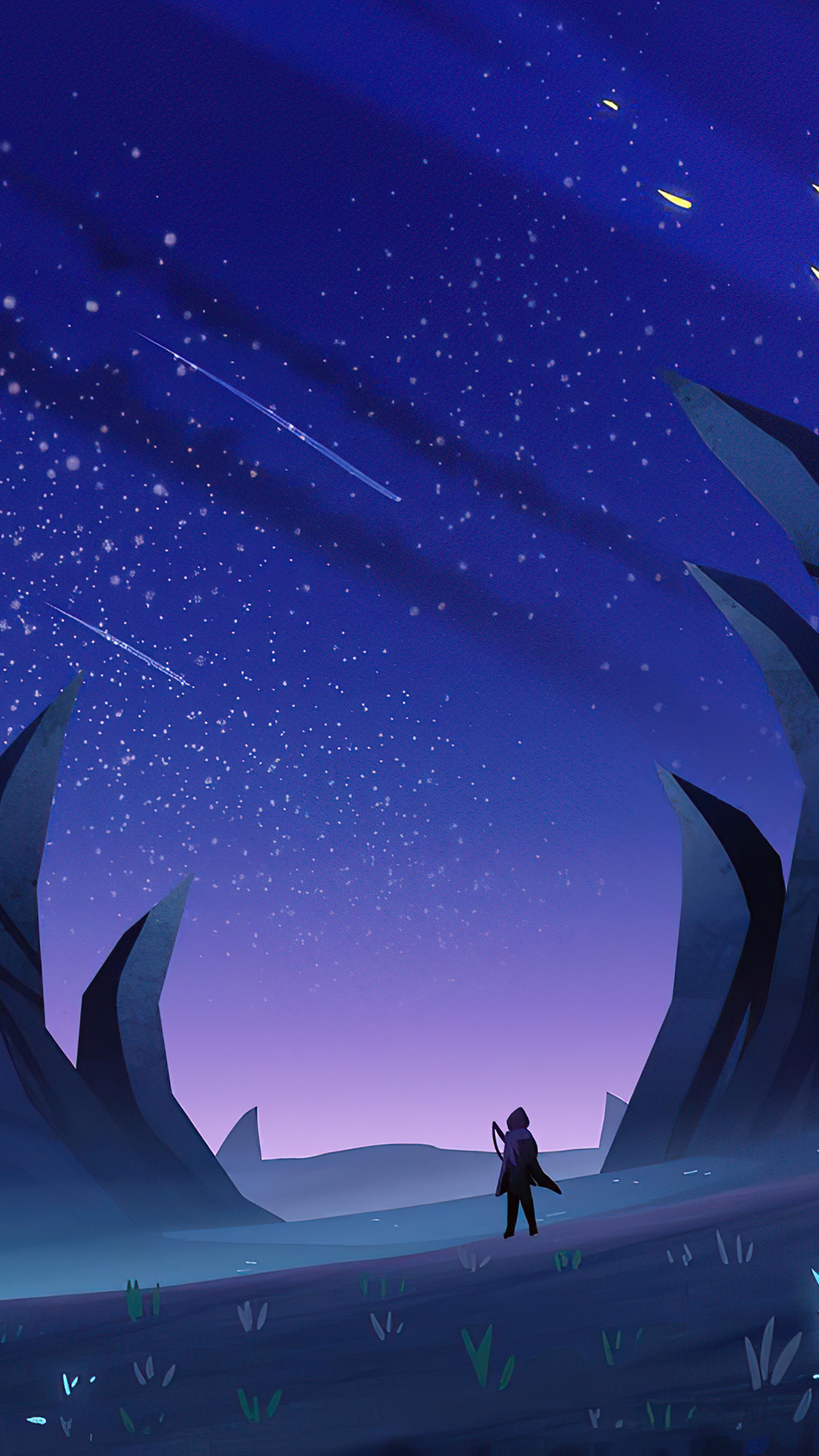 Person with bow and arrow under starry sky HD Phone Wallpaper