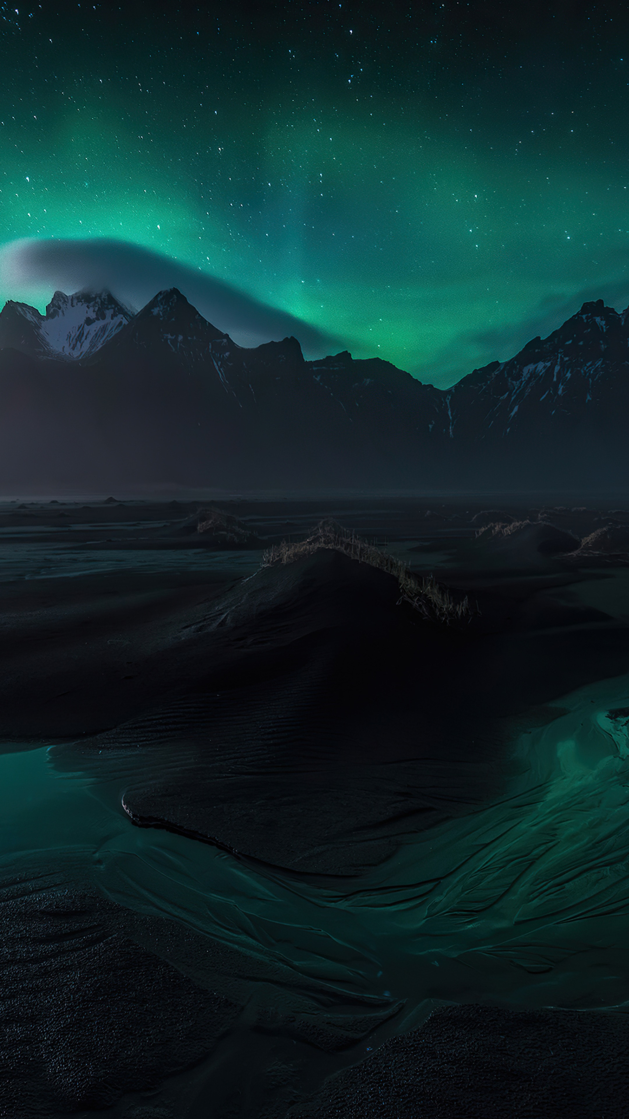 Northern Lights over Mountains and Dark Landscape HD Phone Wallpaper