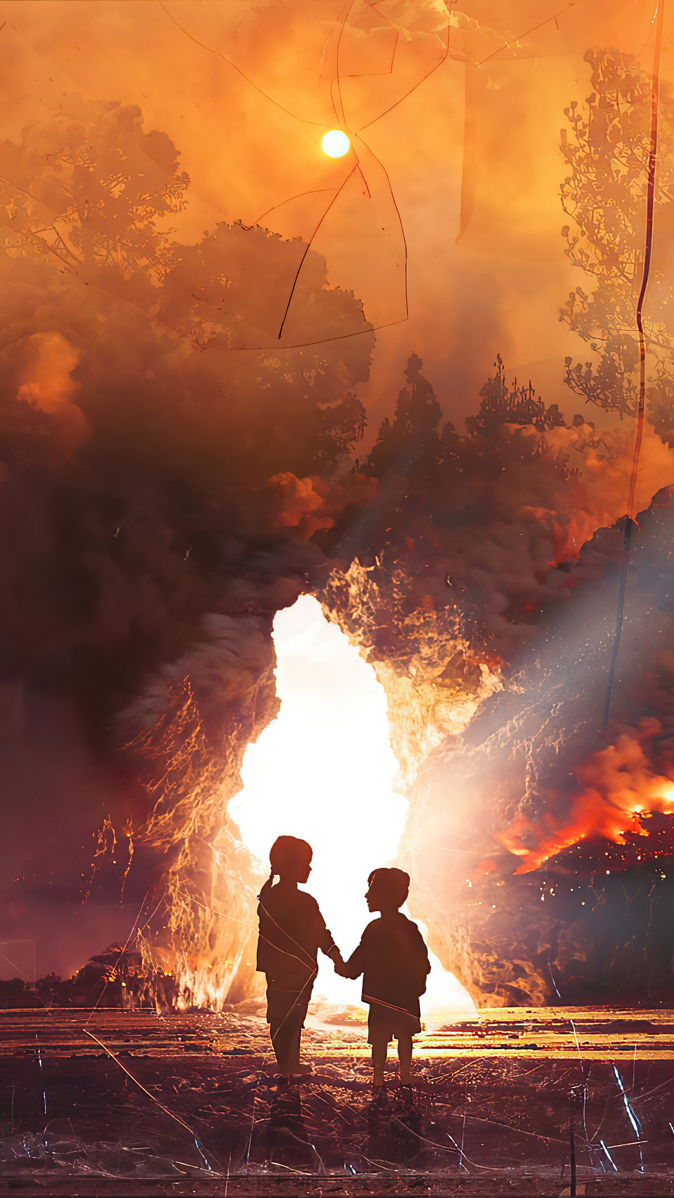 Children in front of a fiery landscape HD Phone Wallpaper