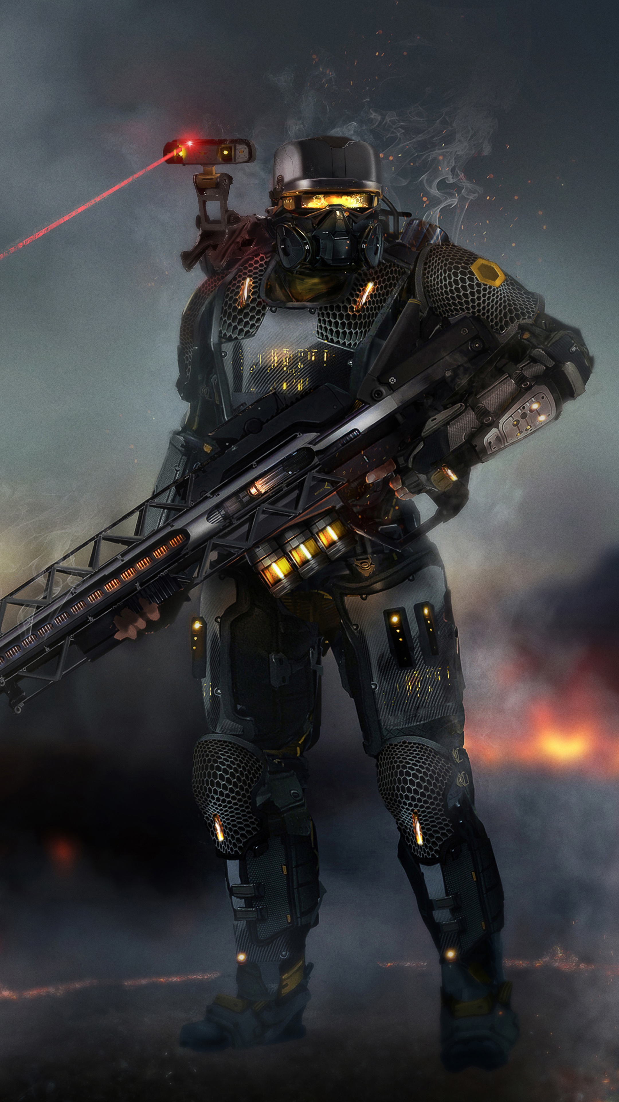 Soldier with futuristic weapon and laser sight HD Phone Wallpaper