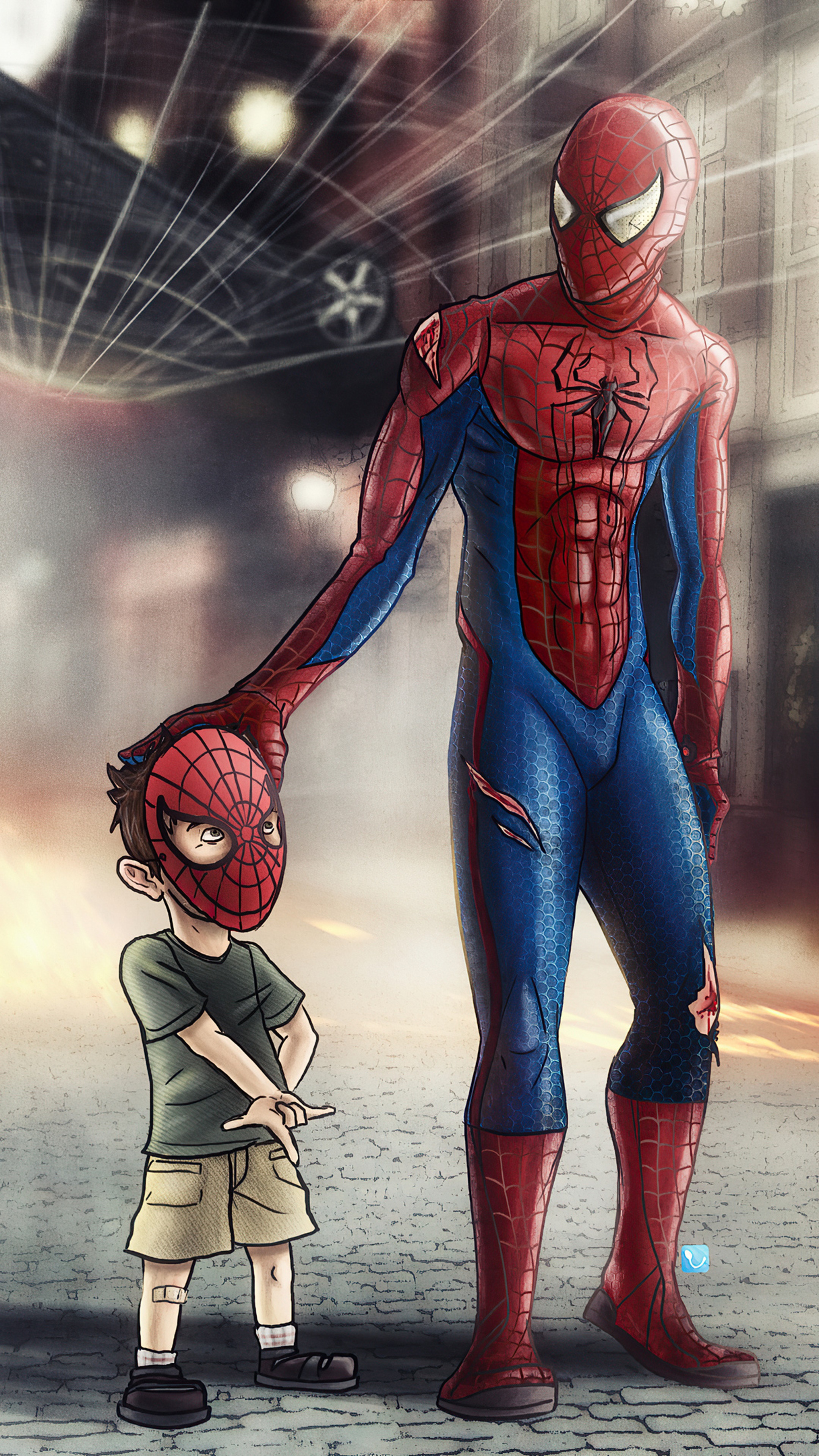 Spider-Man and a child wearing a Spider-Man mask HD Phone Wallpaper