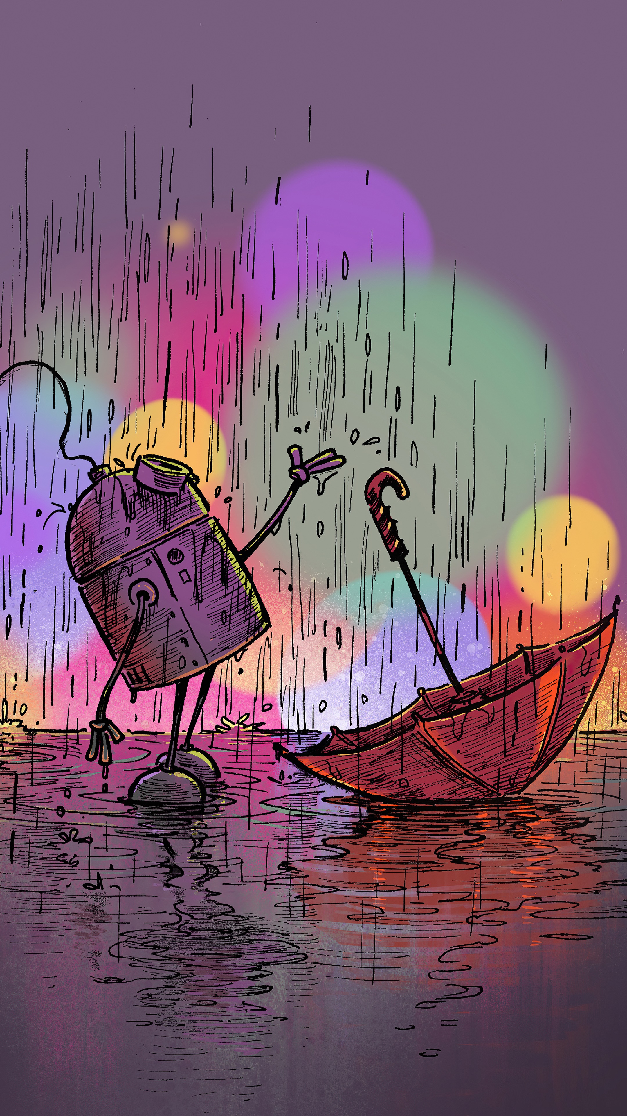 Robot in the rain with an umbrella HD Phone Wallpaper
