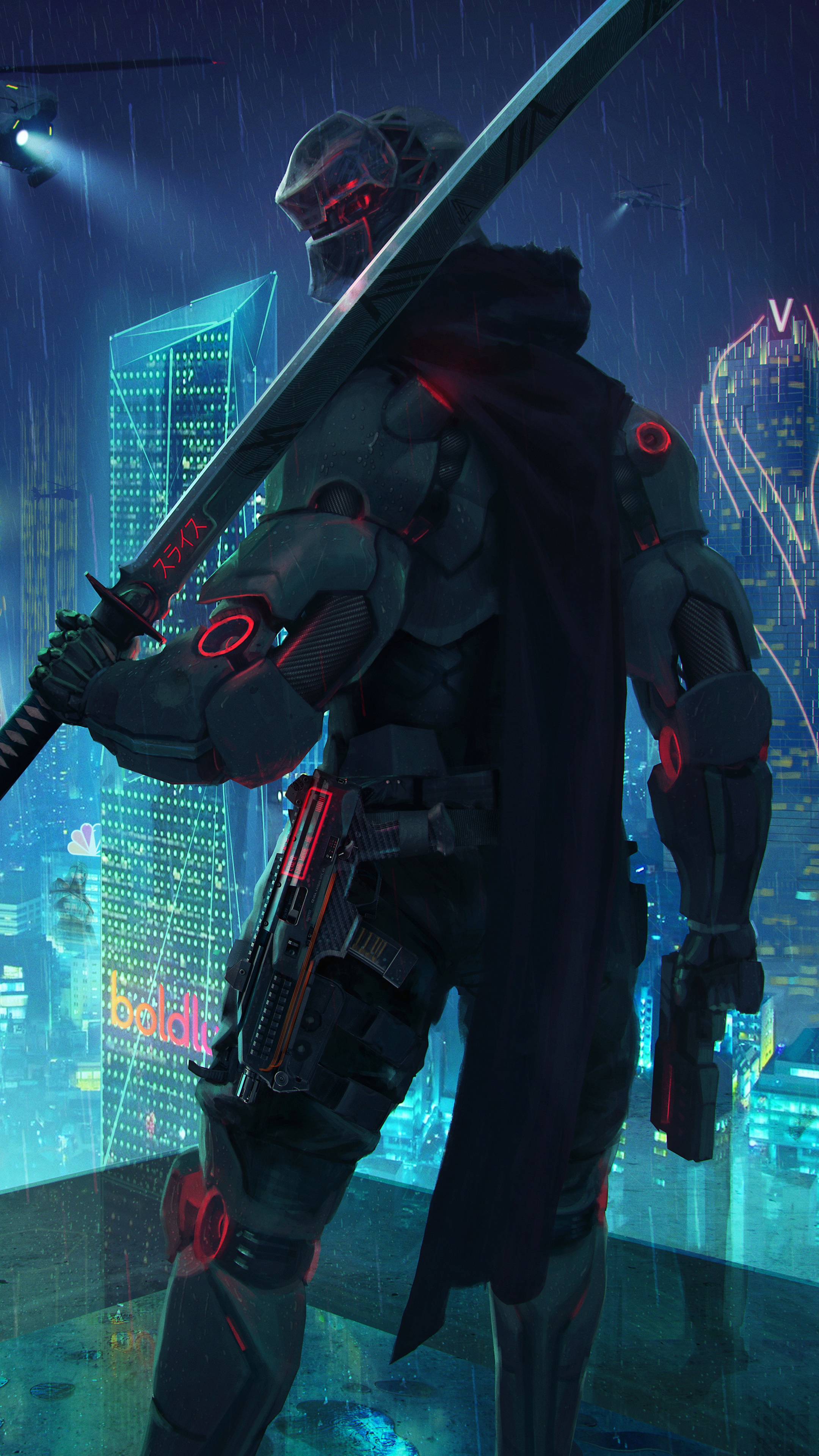 Cyberpunk warrior with sword and guns in a rainy city 4K HD Phone Wallpaper