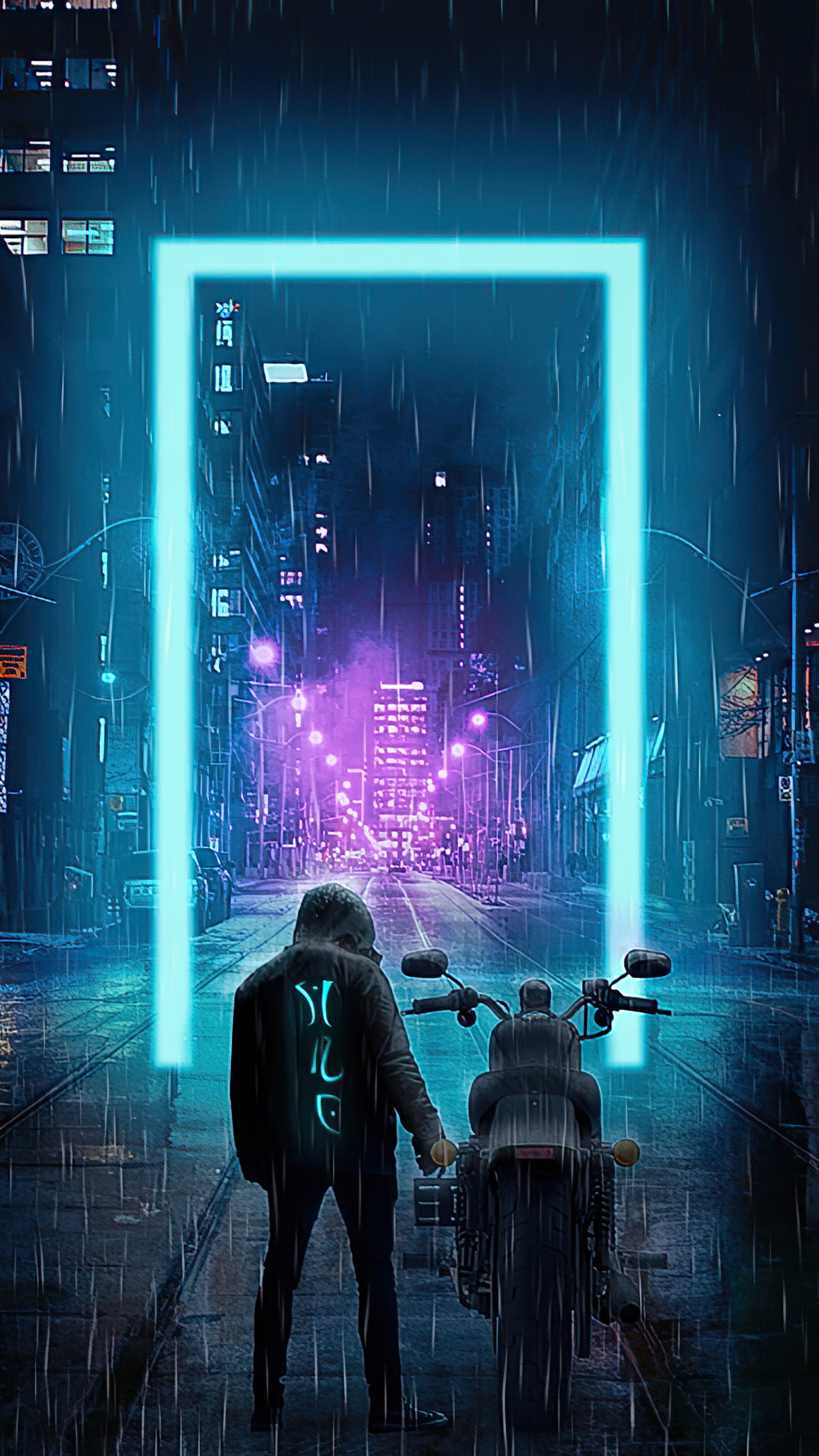 Cyberpunk Biker in Neon City HD Phone Wallpaper