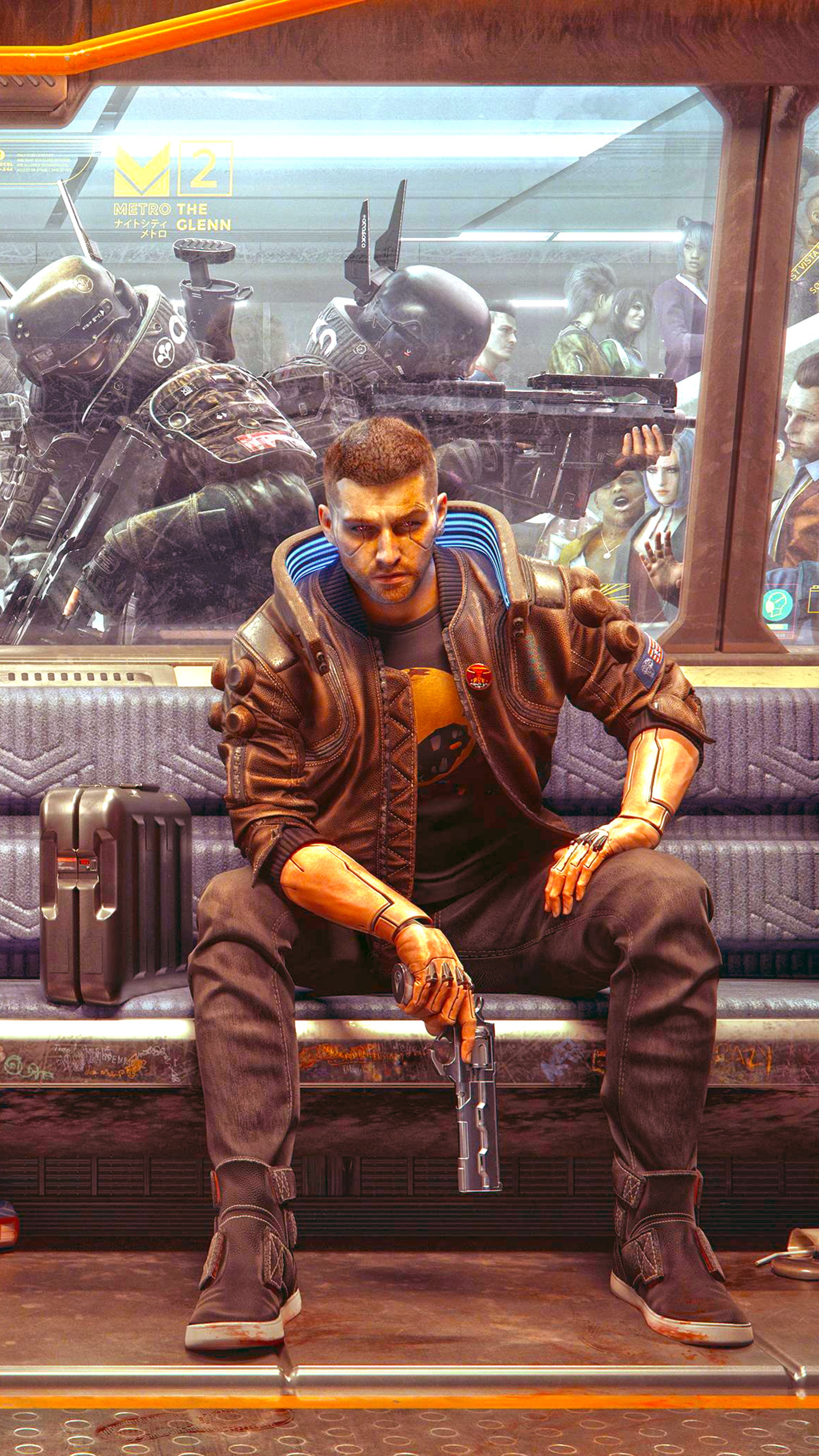 V from Cyberpunk 2077 on a train HD Phone Wallpaper