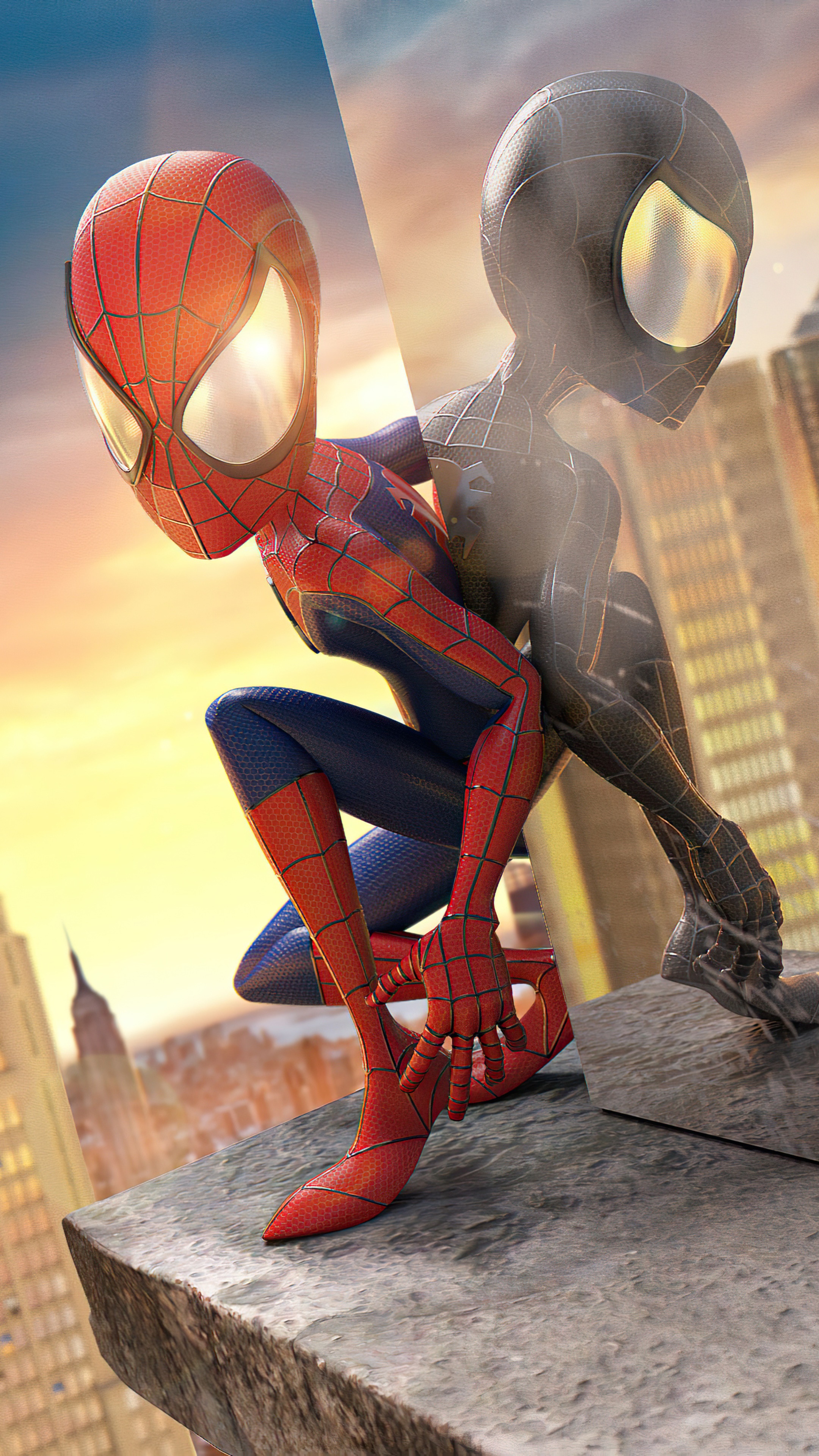 Spider-Man in Red and Black Suits on Rooftop HD Phone Wallpaper