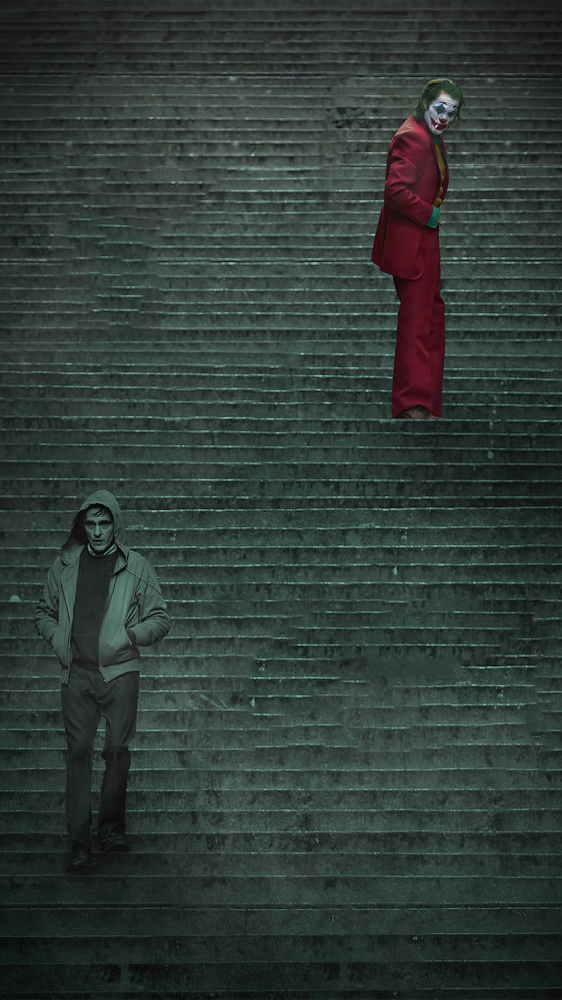 Joker on stairs with another man HD Phone Wallpaper