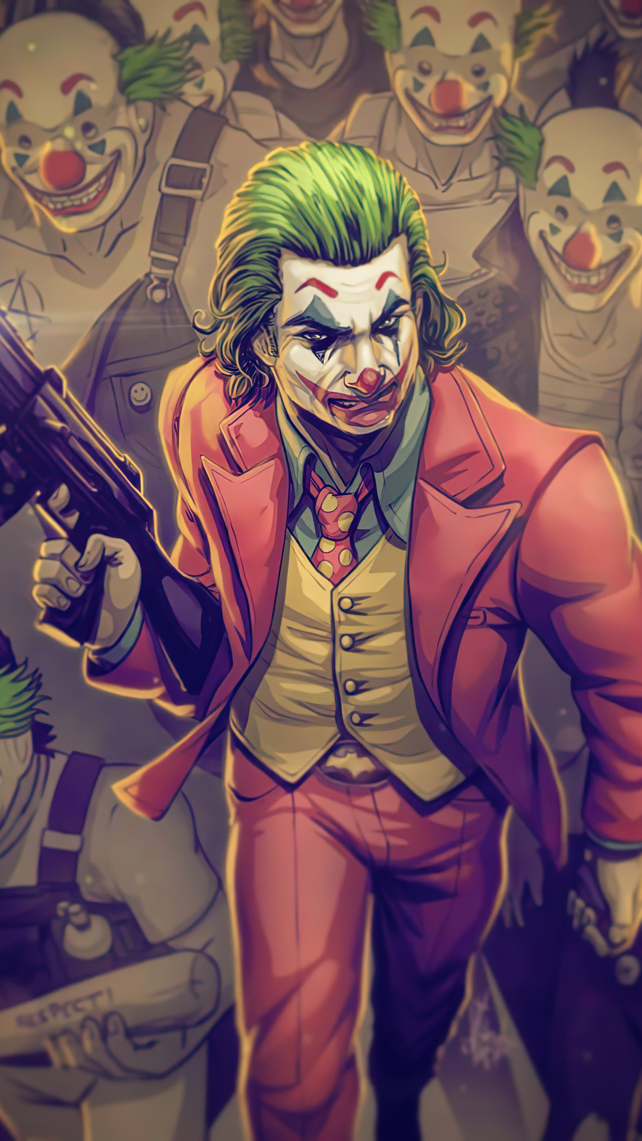 Joker with a gun and clown army artwork 4K HD Phone Wallpaper