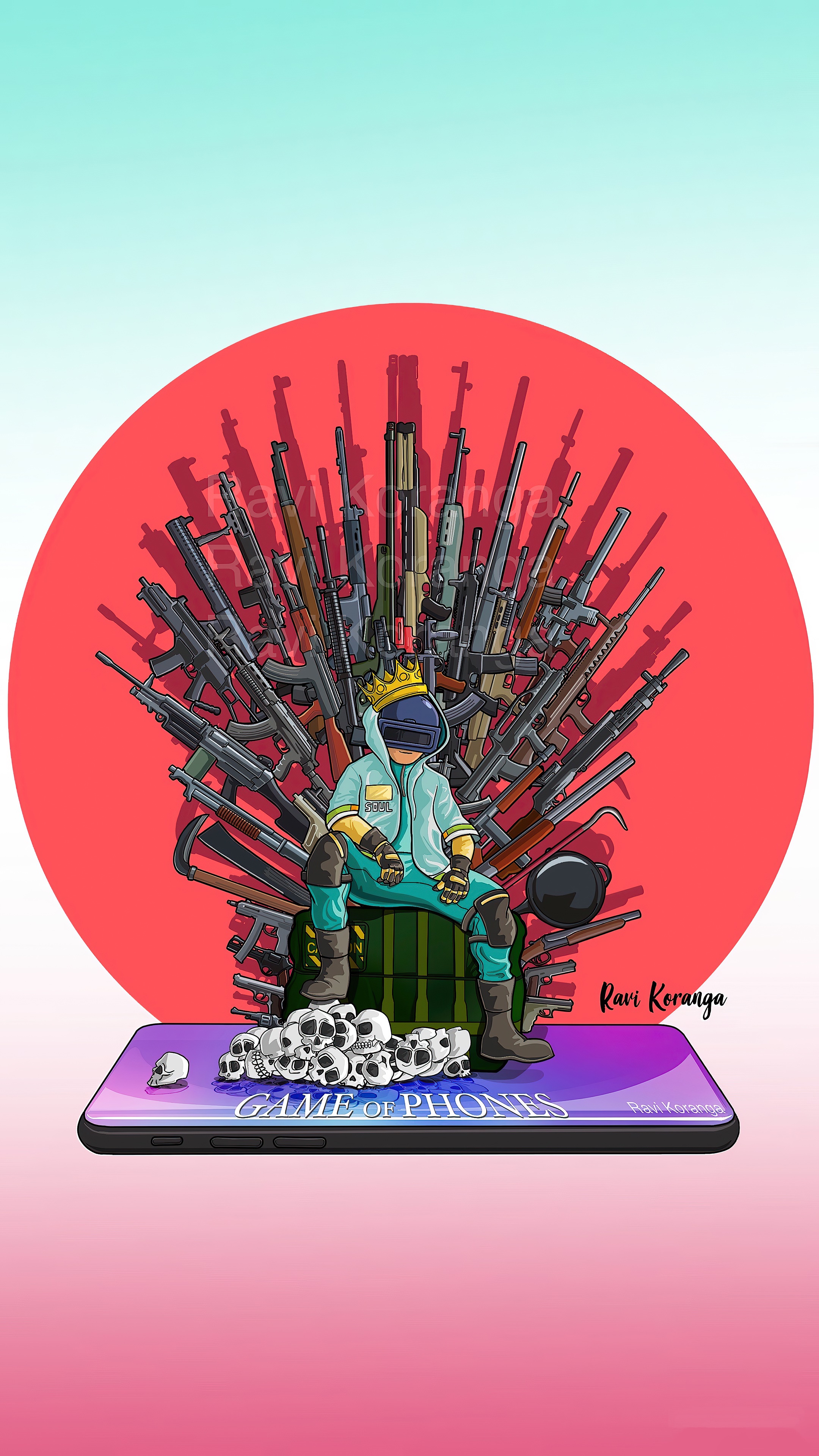 PlayerUnknown's Battlegrounds character on a throne of guns HD Phone Wallpaper