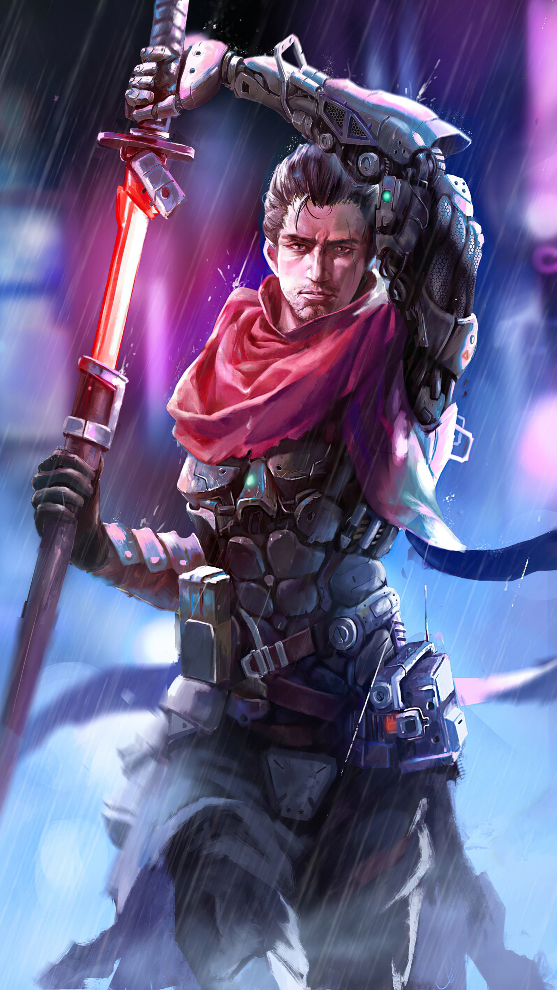 Cyberpunk warrior with a glowing sword HD Phone Wallpaper