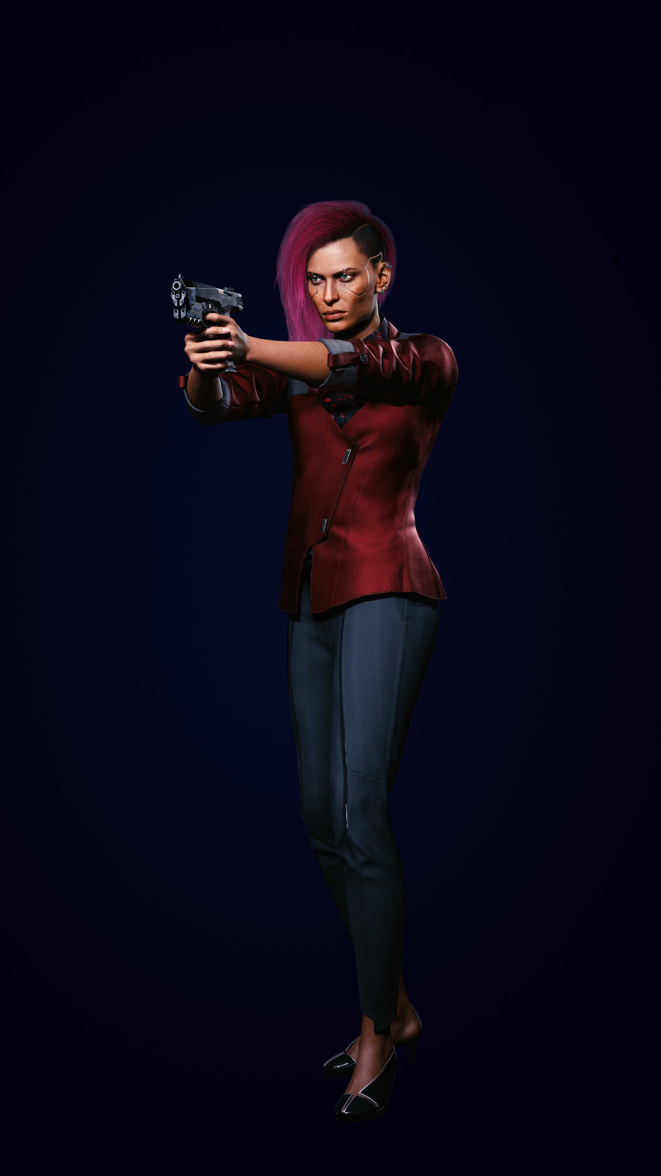 Woman with pink hair holding a gun in Cyberpunk 2077 4K HD Phone Wallpaper