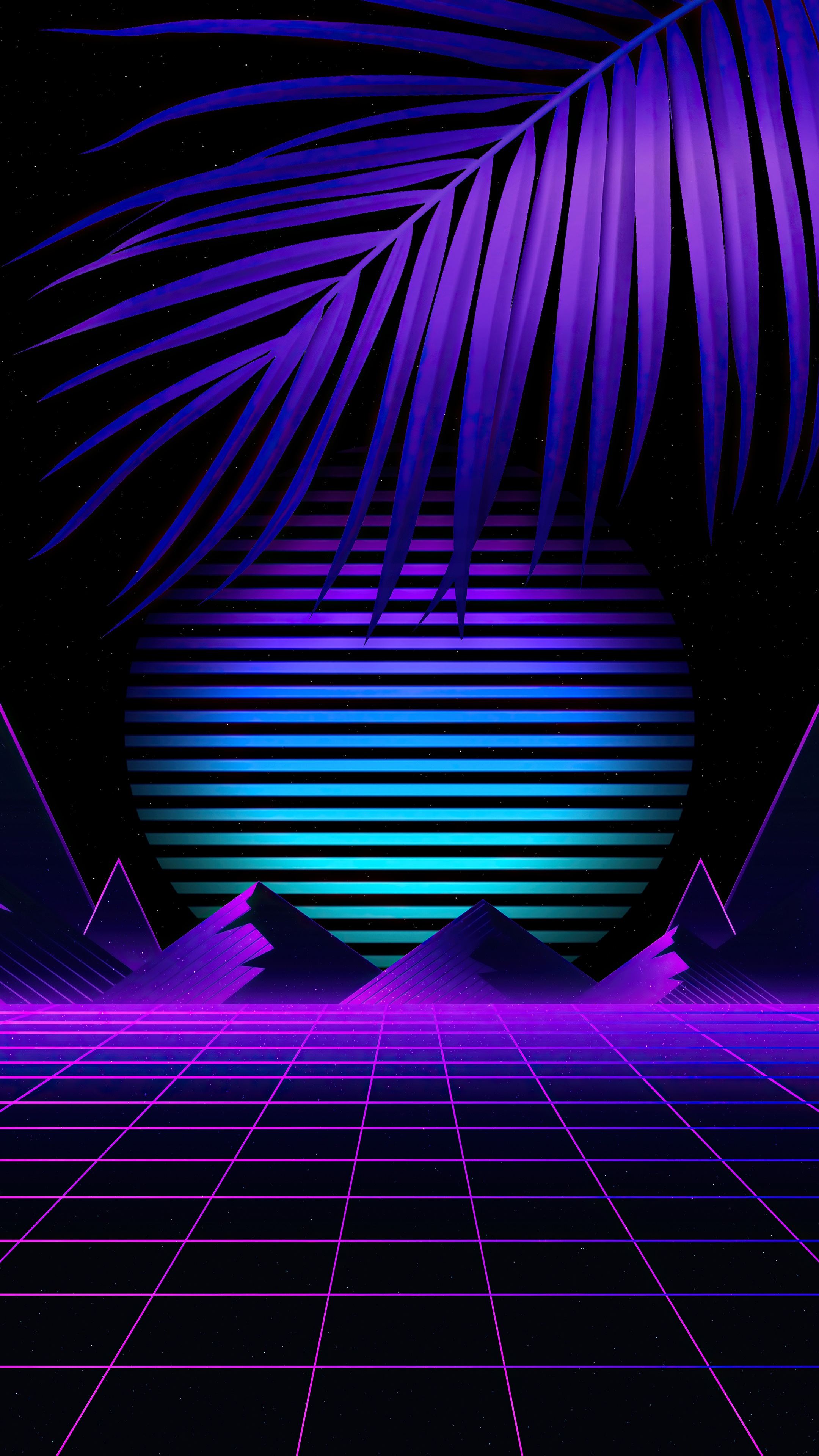 Synthwave digital art with palm leaf and grid landscape HD Phone Wallpaper