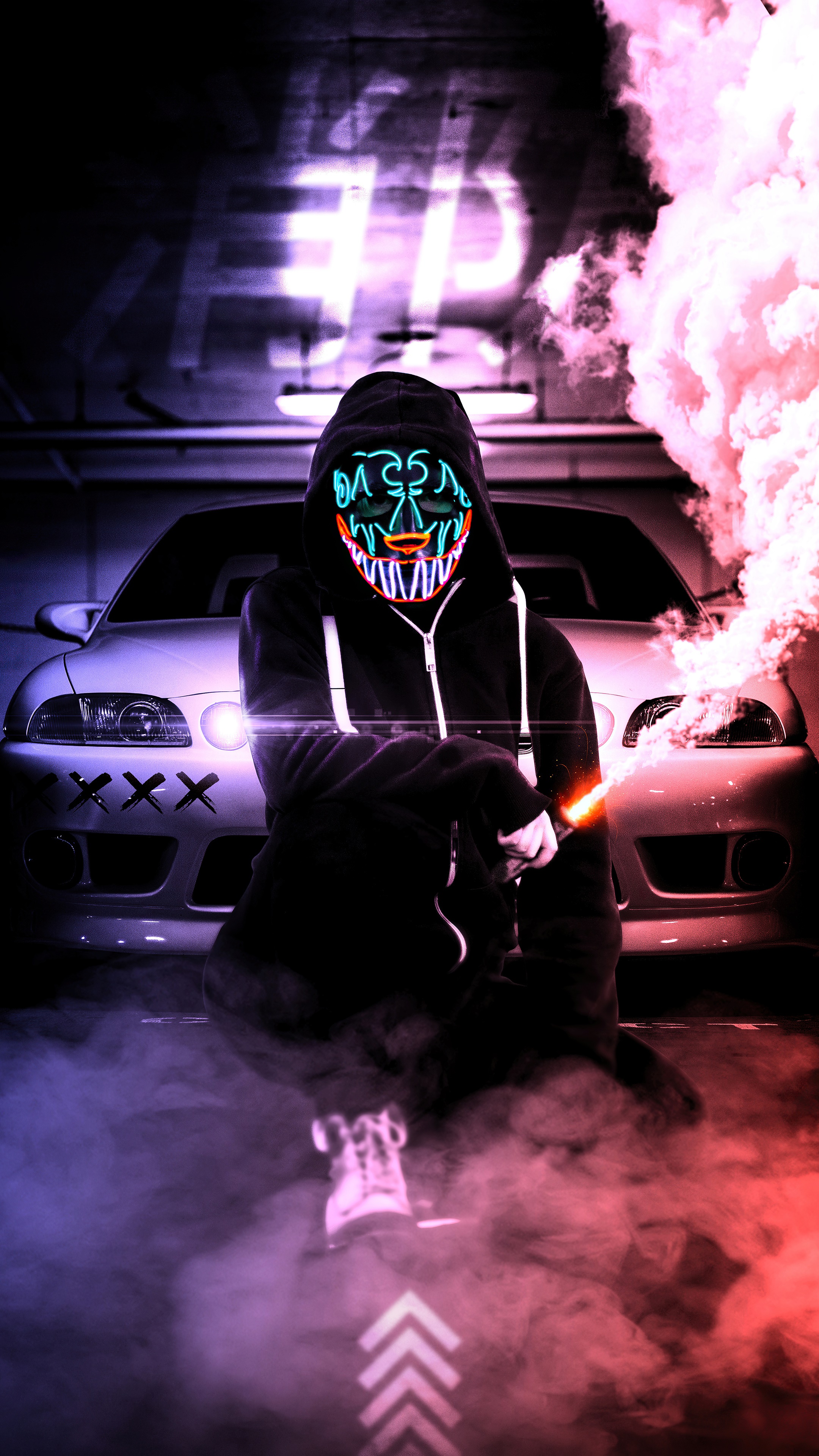 Person in Anonymous Mask with Car and Smoke HD Phone Wallpaper