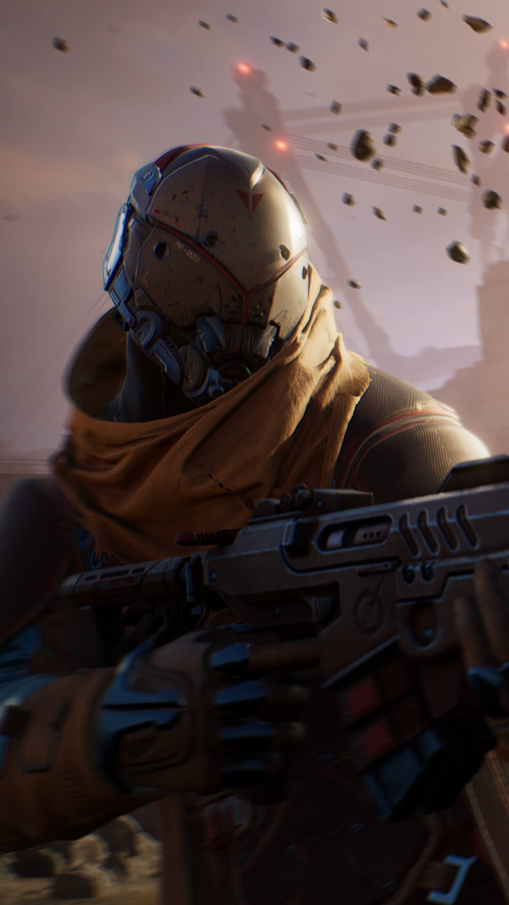 Outriders character with rifle in a desolate landscape HD Phone Wallpaper