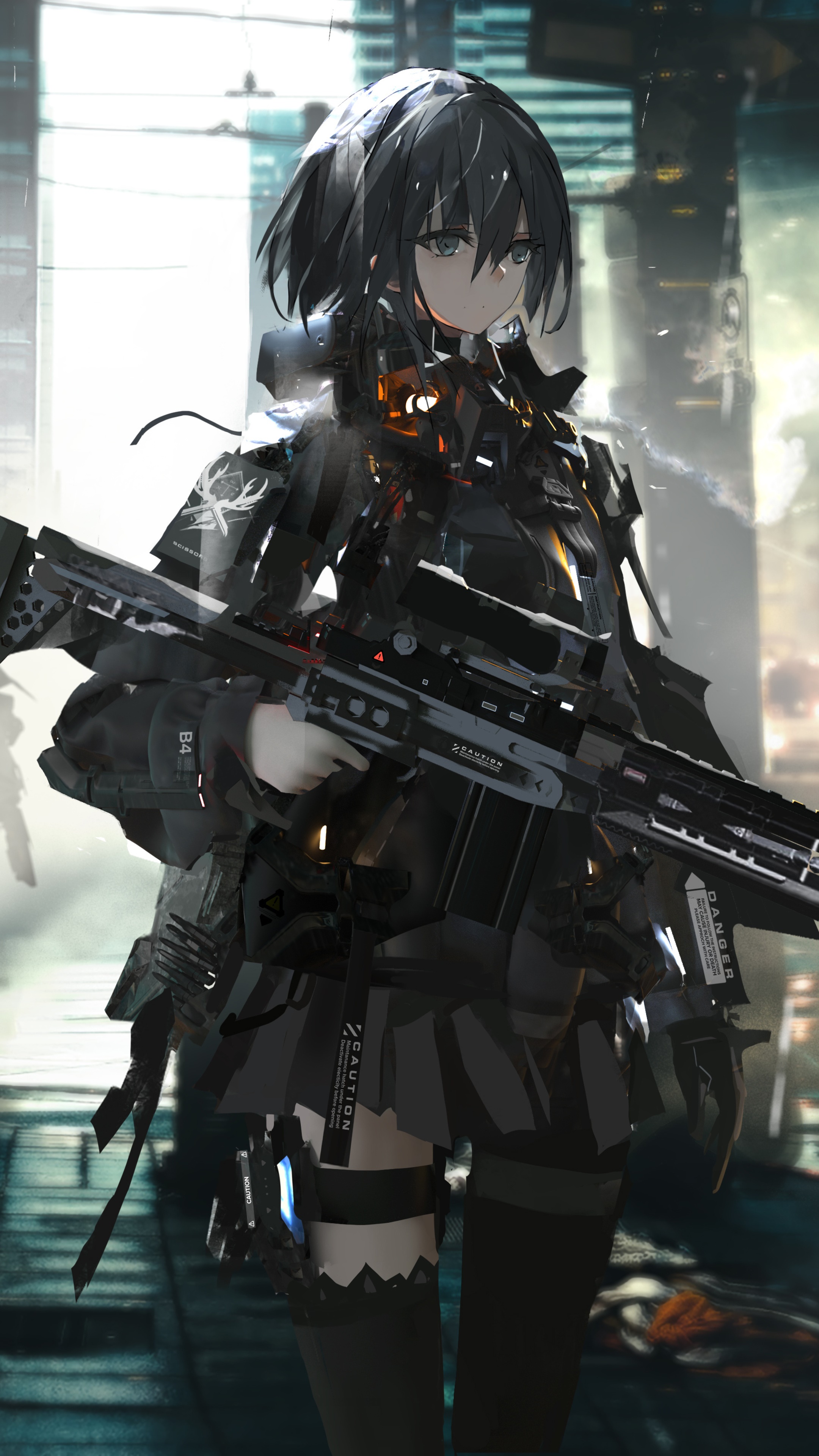Anime girl with sniper rifle in futuristic city HD Phone Wallpaper