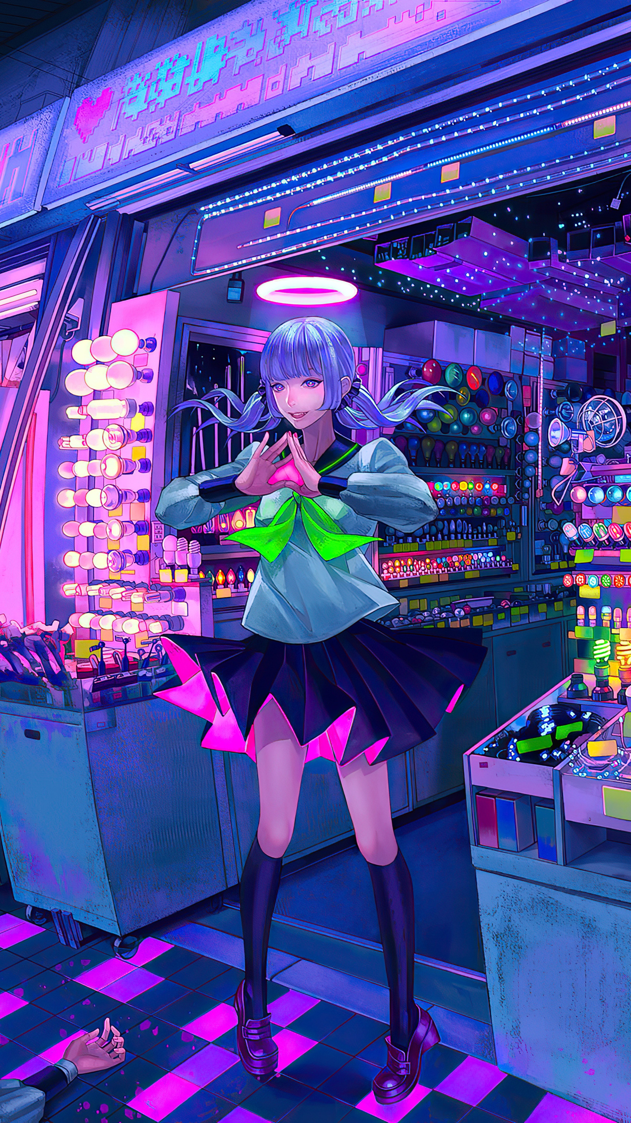 Anime girl with blue pigtails in a cyberpunk store HD Phone Wallpaper