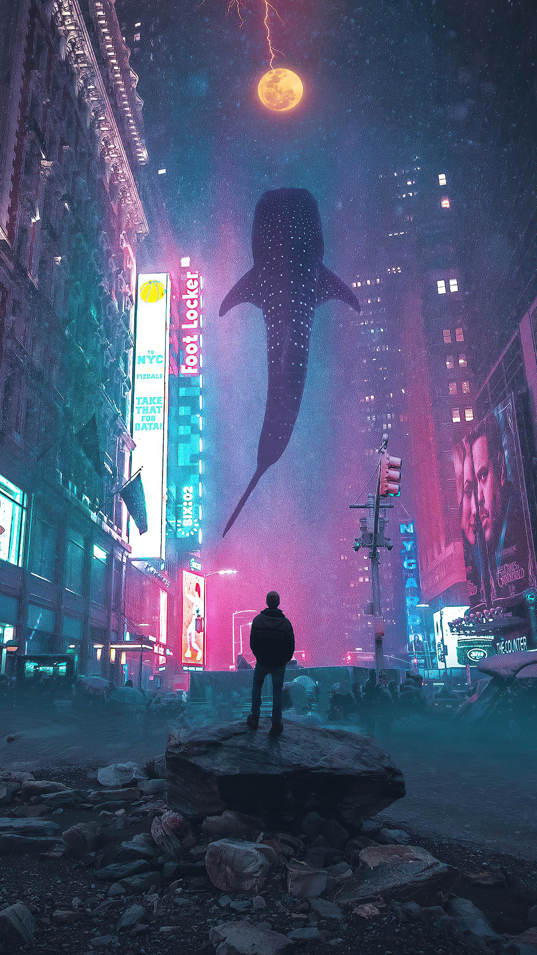 Whale shark flying over a person in a neon city HD Phone Wallpaper