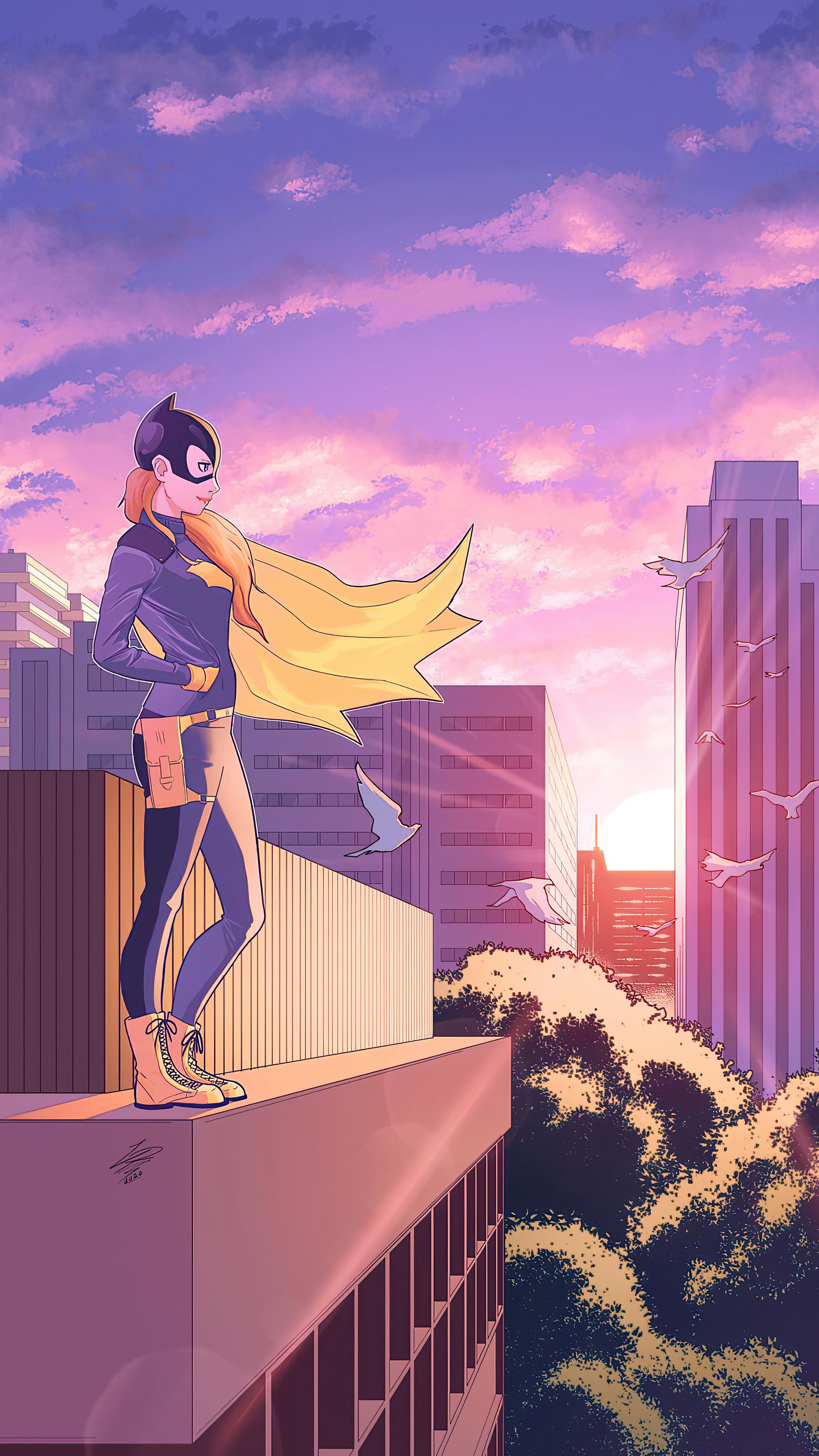 Batgirl standing on a rooftop at sunset HD Phone Wallpaper