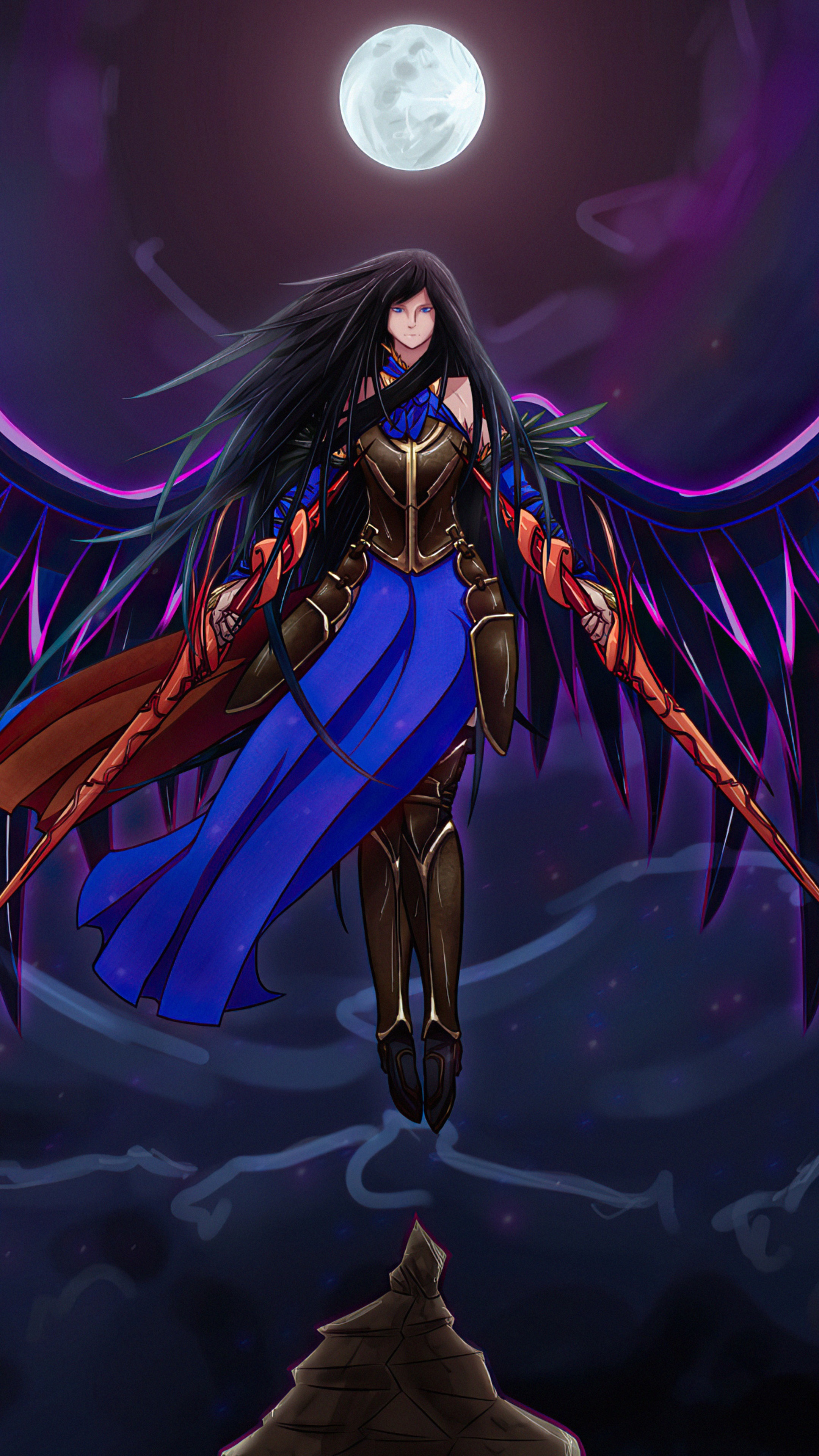 Artwork of a winged woman with black hair and blue dress HD Phone Wallpaper