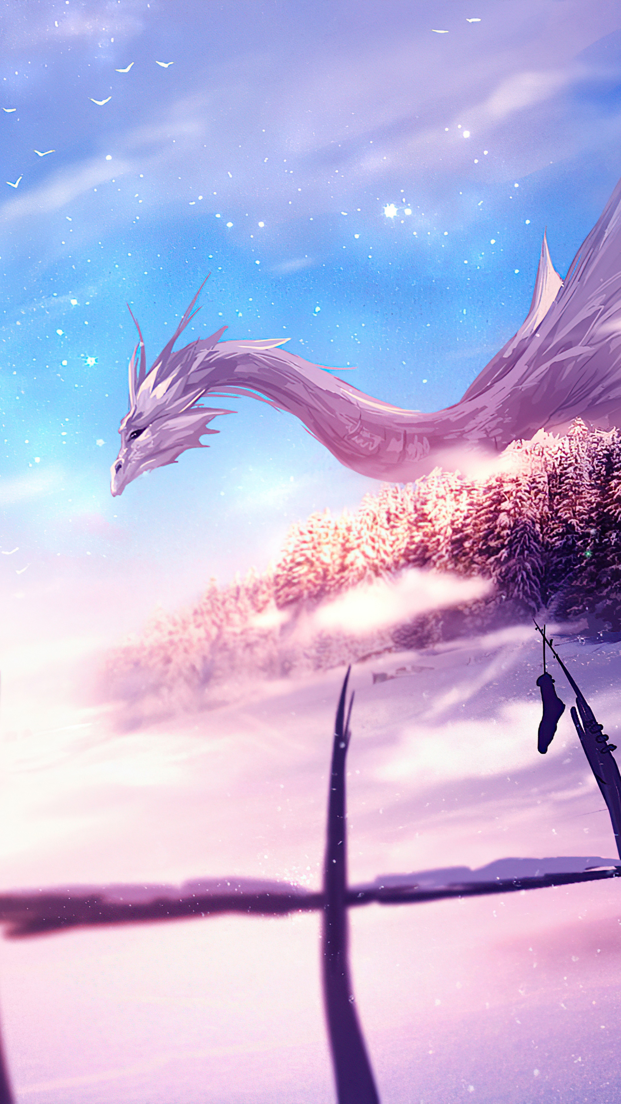 Dragon flying over a snowy forest with stars HD Phone Wallpaper