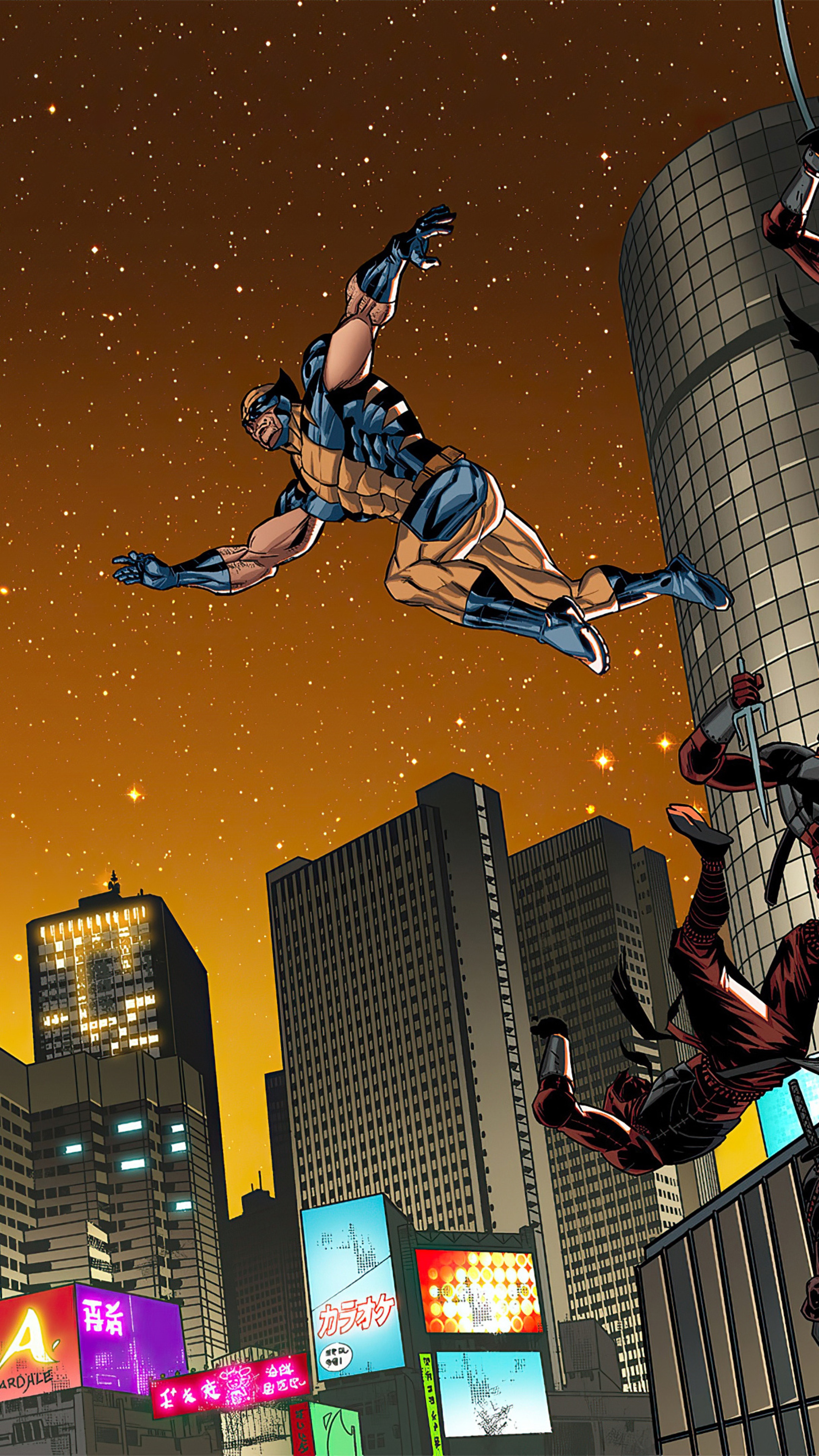 Wolverine and ninjas in a city at night HD Phone Wallpaper
