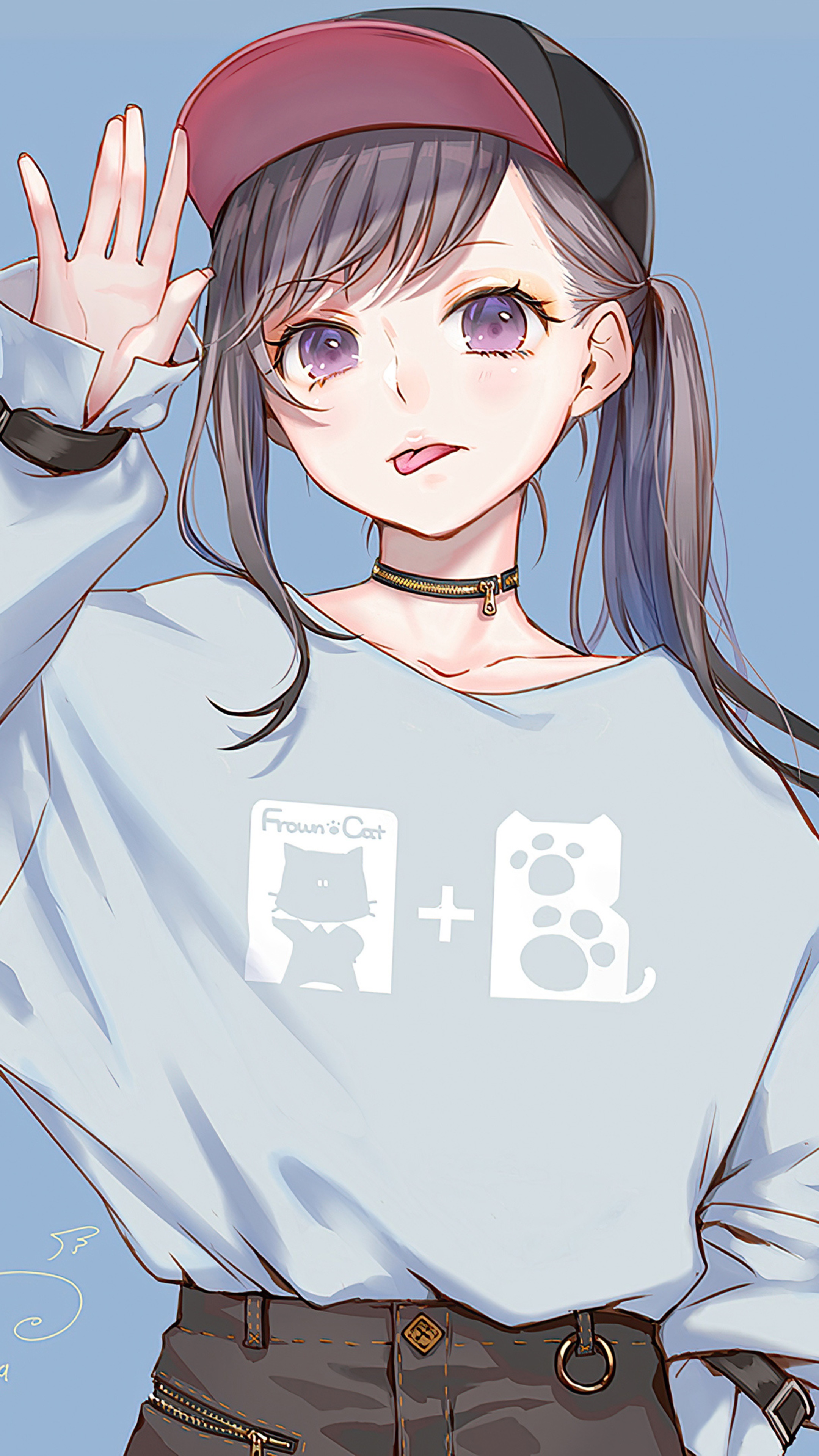 Anime girl with purple eyes and pigtails wearing a sweater HD Phone Wallpaper