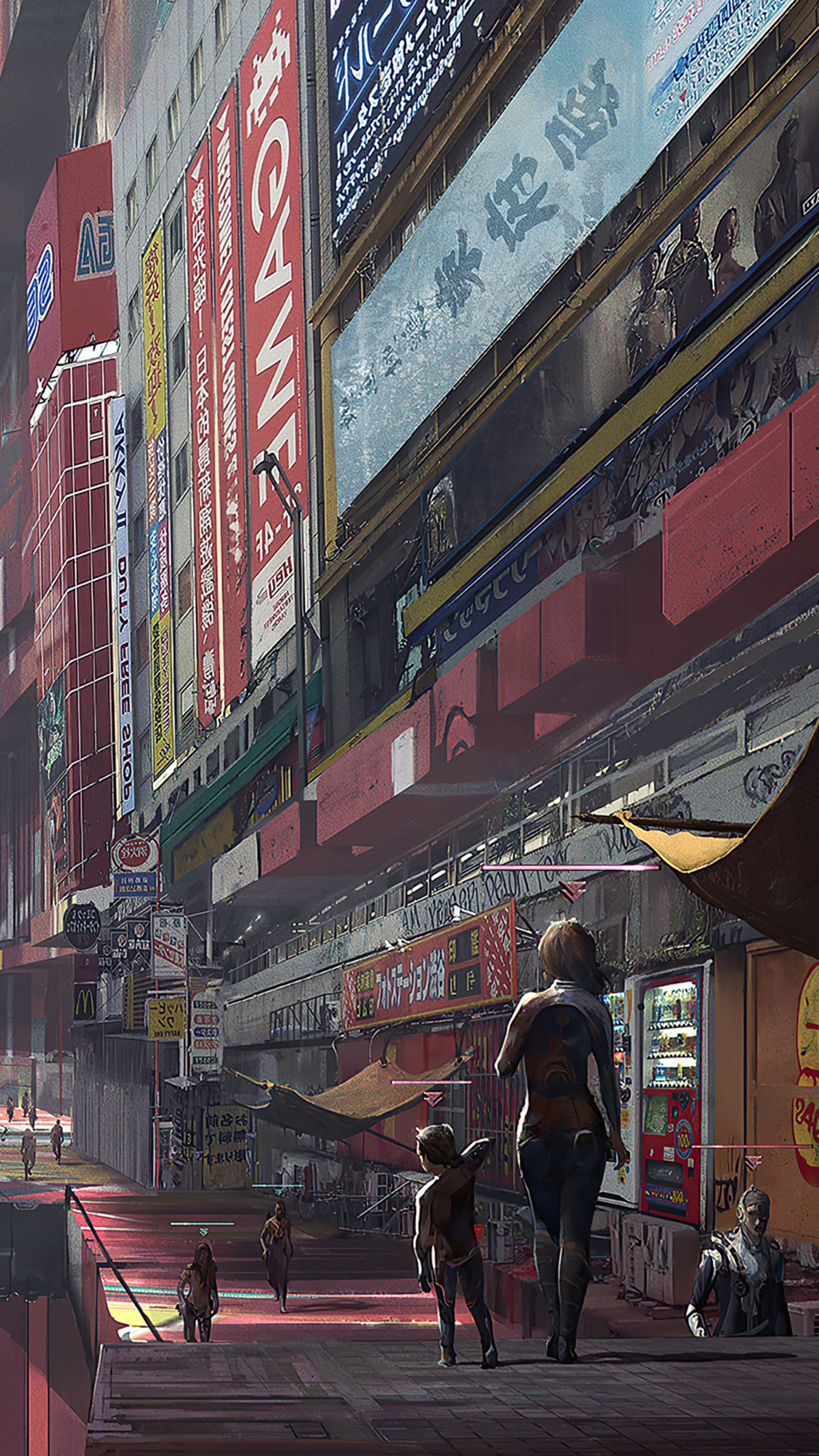 Cyberpunk City Street with Advertisements HD Phone Wallpaper