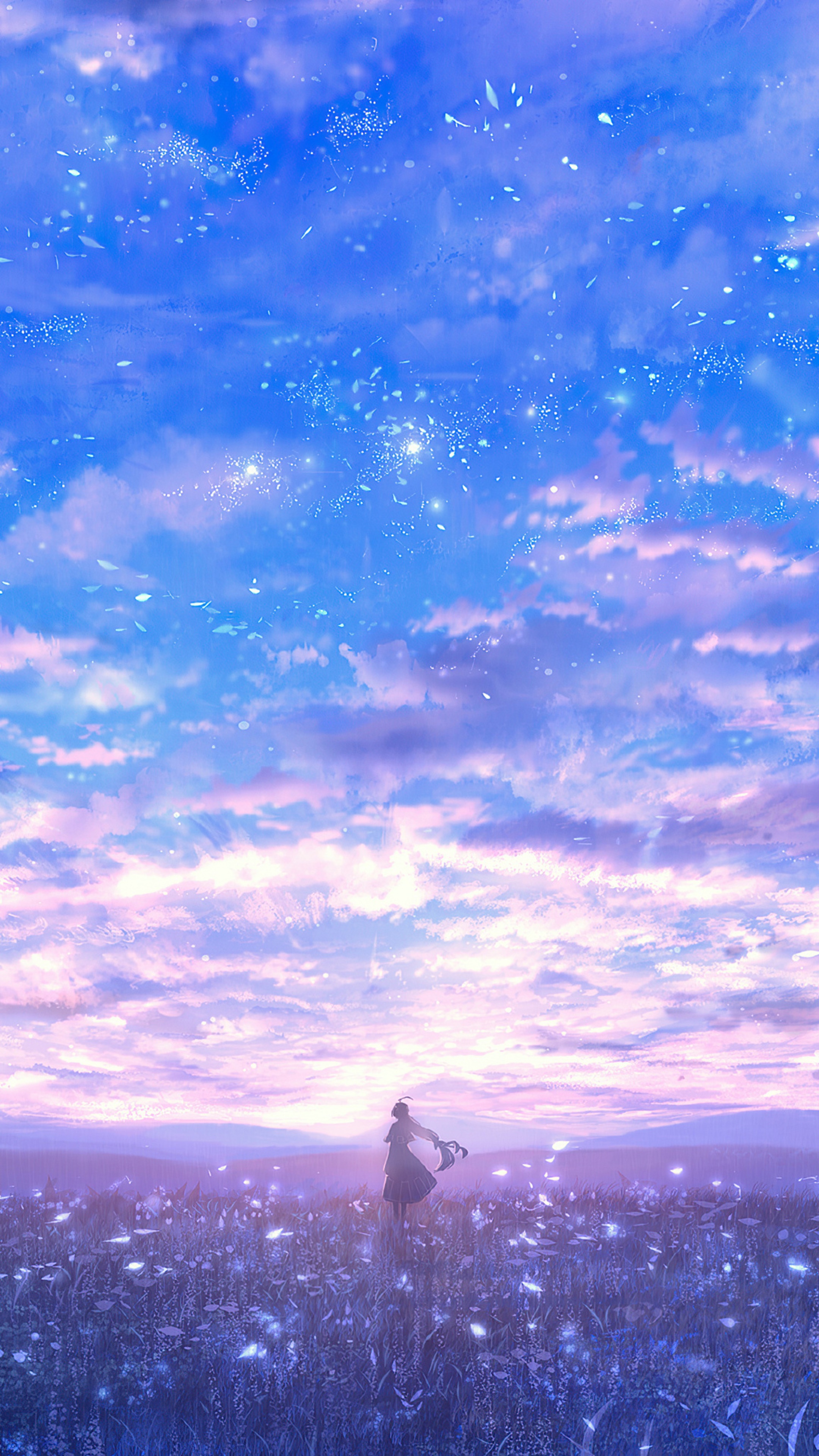 Anime girl in a field of glowing flowers under a starry sky HD Phone Wallpaper