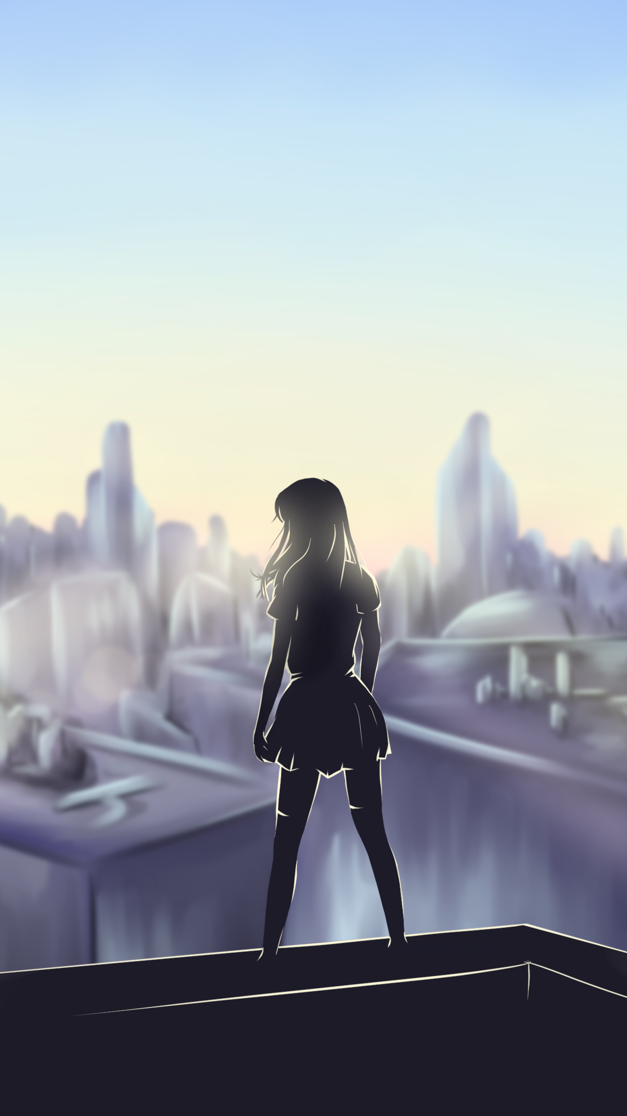 Anime girl silhouette overlooking futuristic city HD Phone Wallpaper