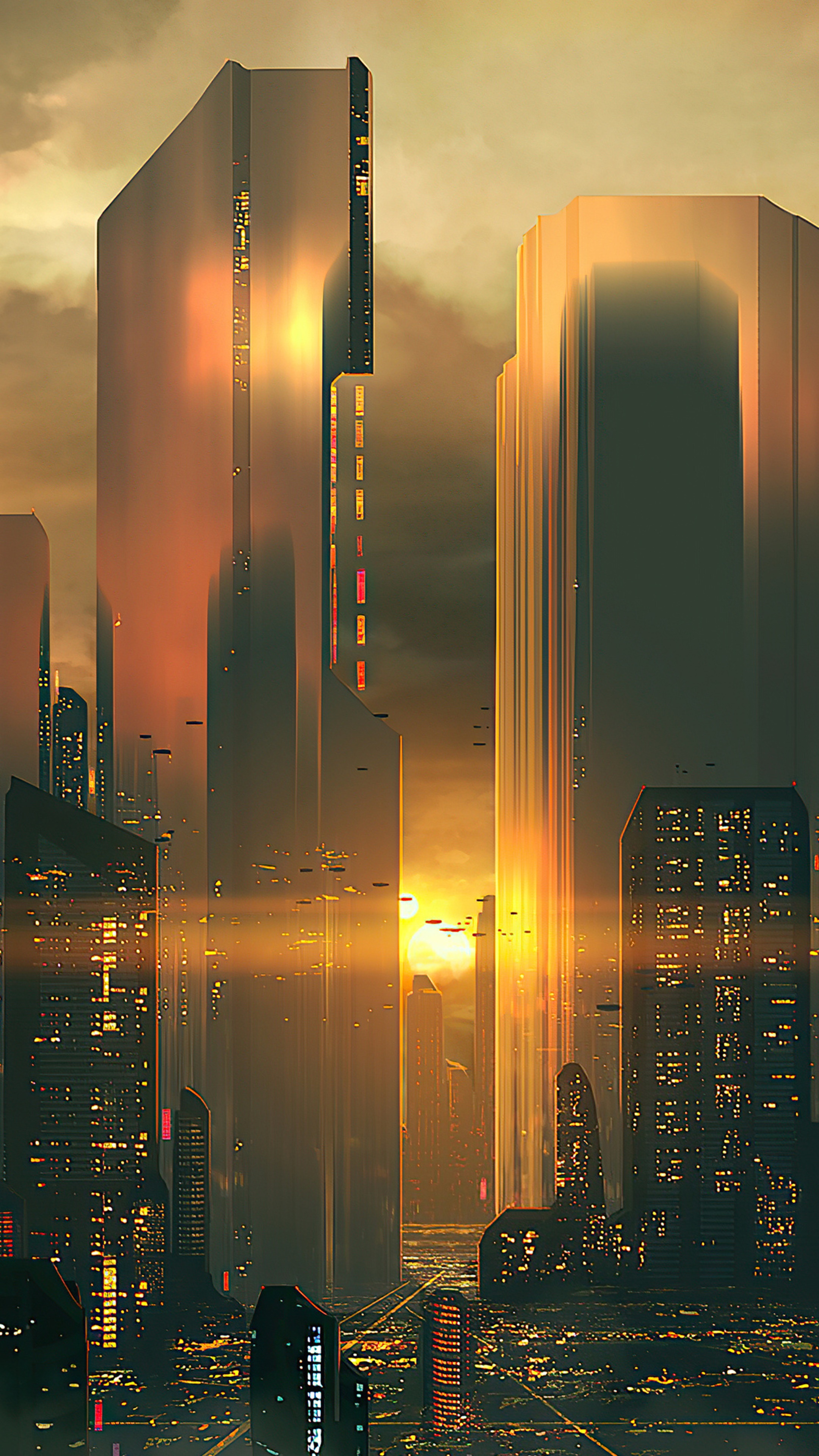 Futuristic city skyline at sunset, digital art HD Phone Wallpaper