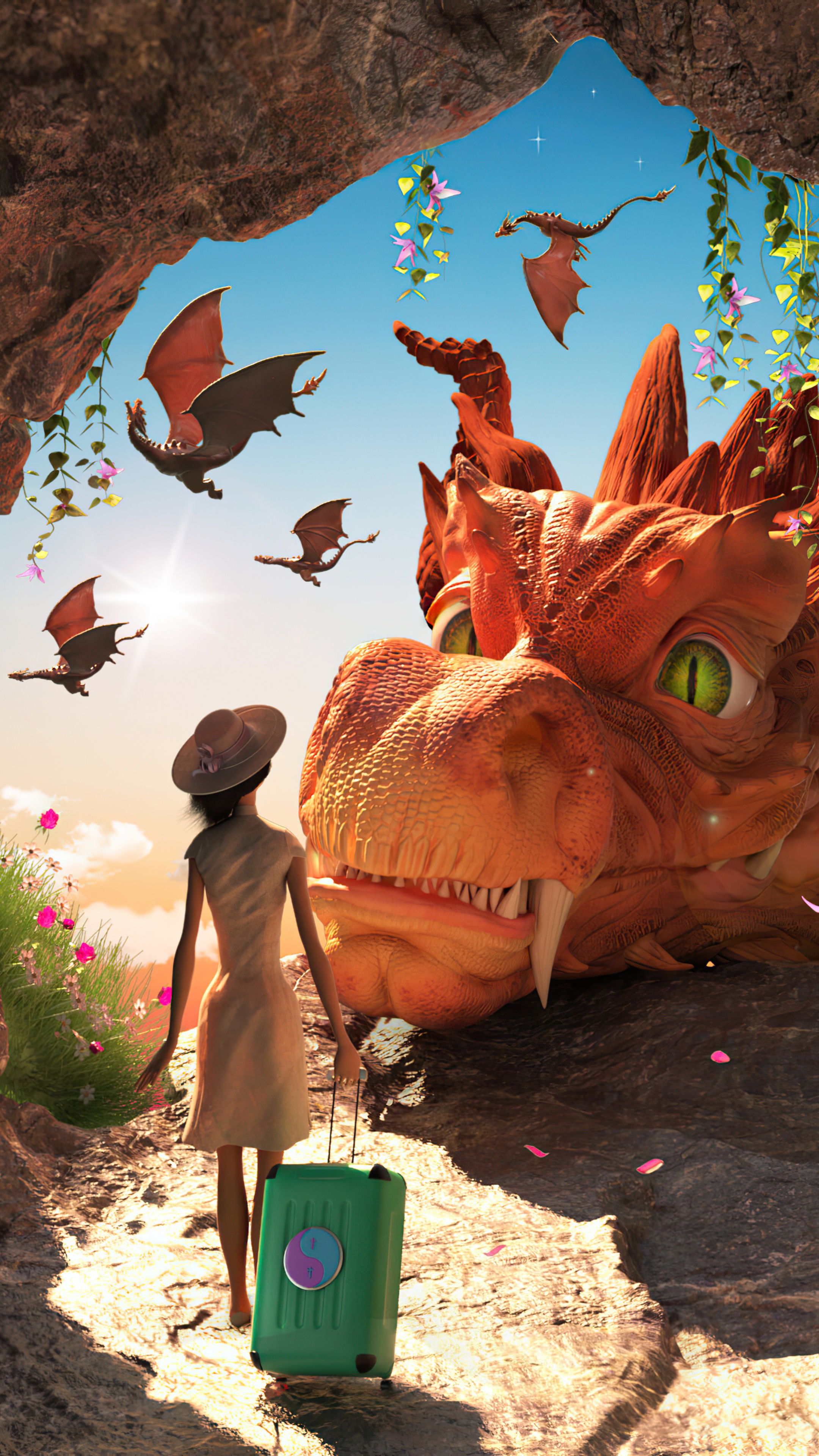 Girl with suitcase meets dragon and flying dragons HD Phone Wallpaper