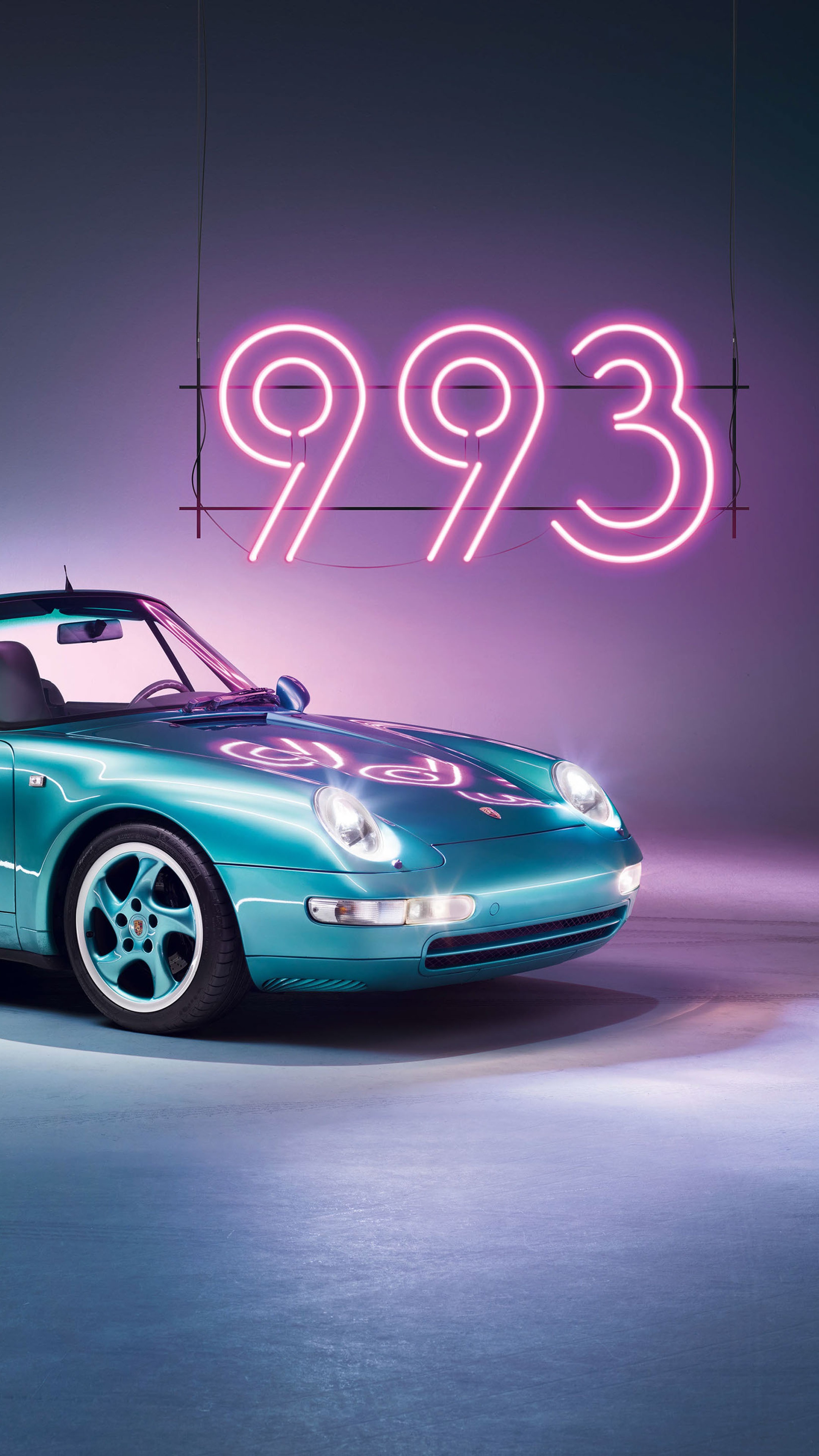 Teal Porsche 993 convertible with neon sign HD Phone Wallpaper