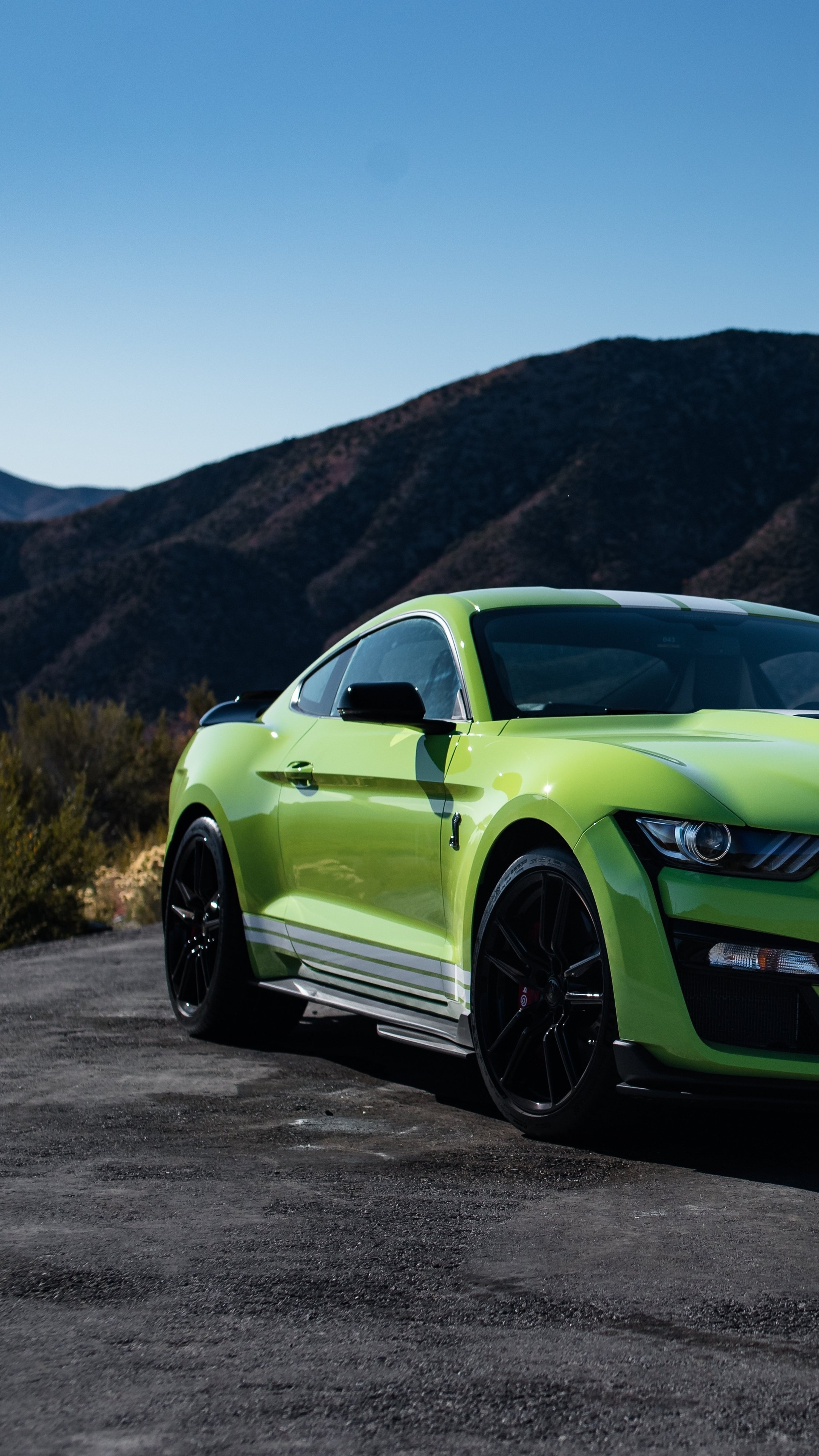Green Ford Mustang GT500 parked on a mountain road HD Phone Wallpaper