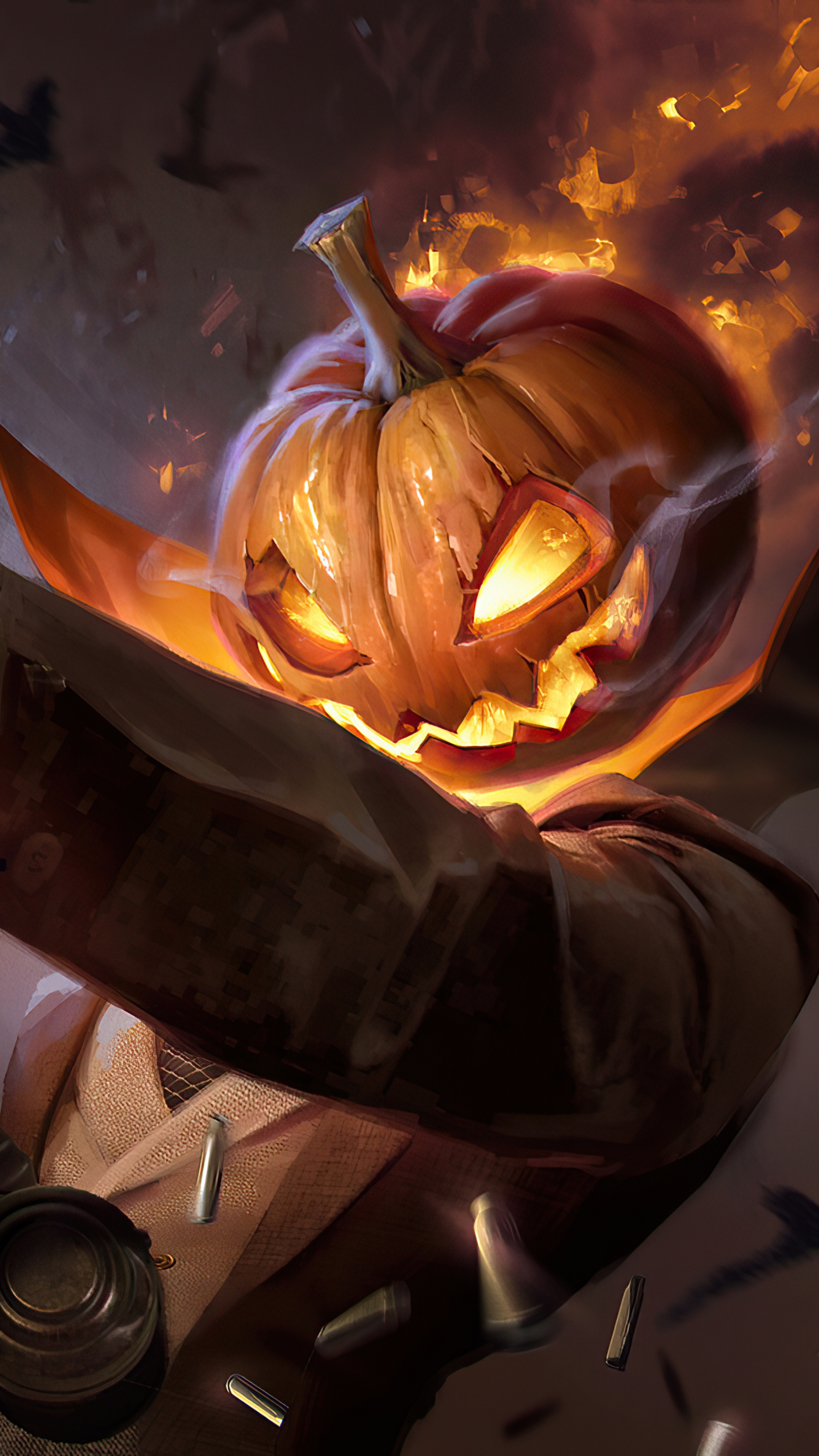 Scarecrow with a Jack-o'-lantern head on fire HD Phone Wallpaper