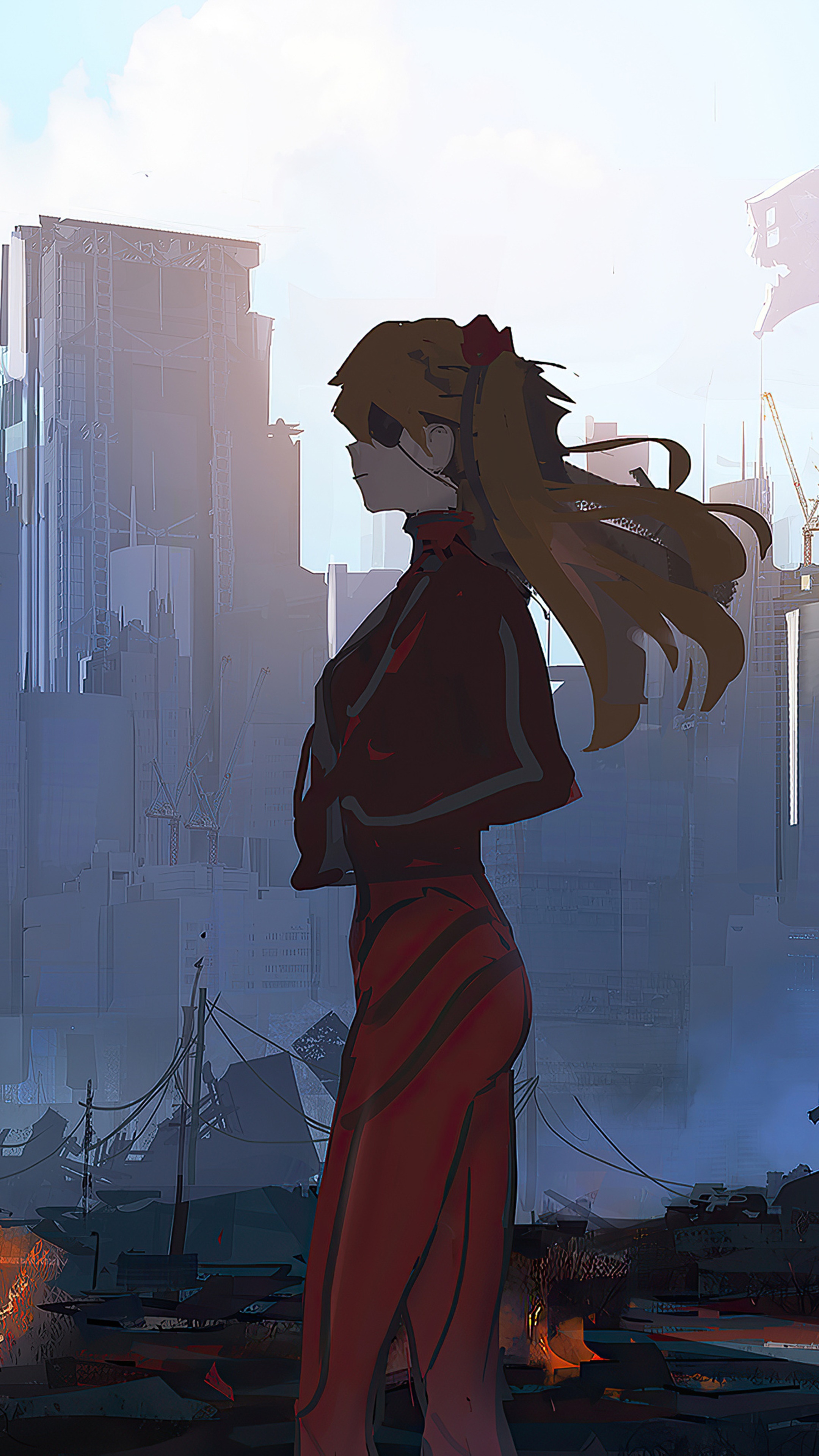 Asuka Langley Soryu from Neon Genesis Evangelion in a ruined city HD Phone Wallpaper