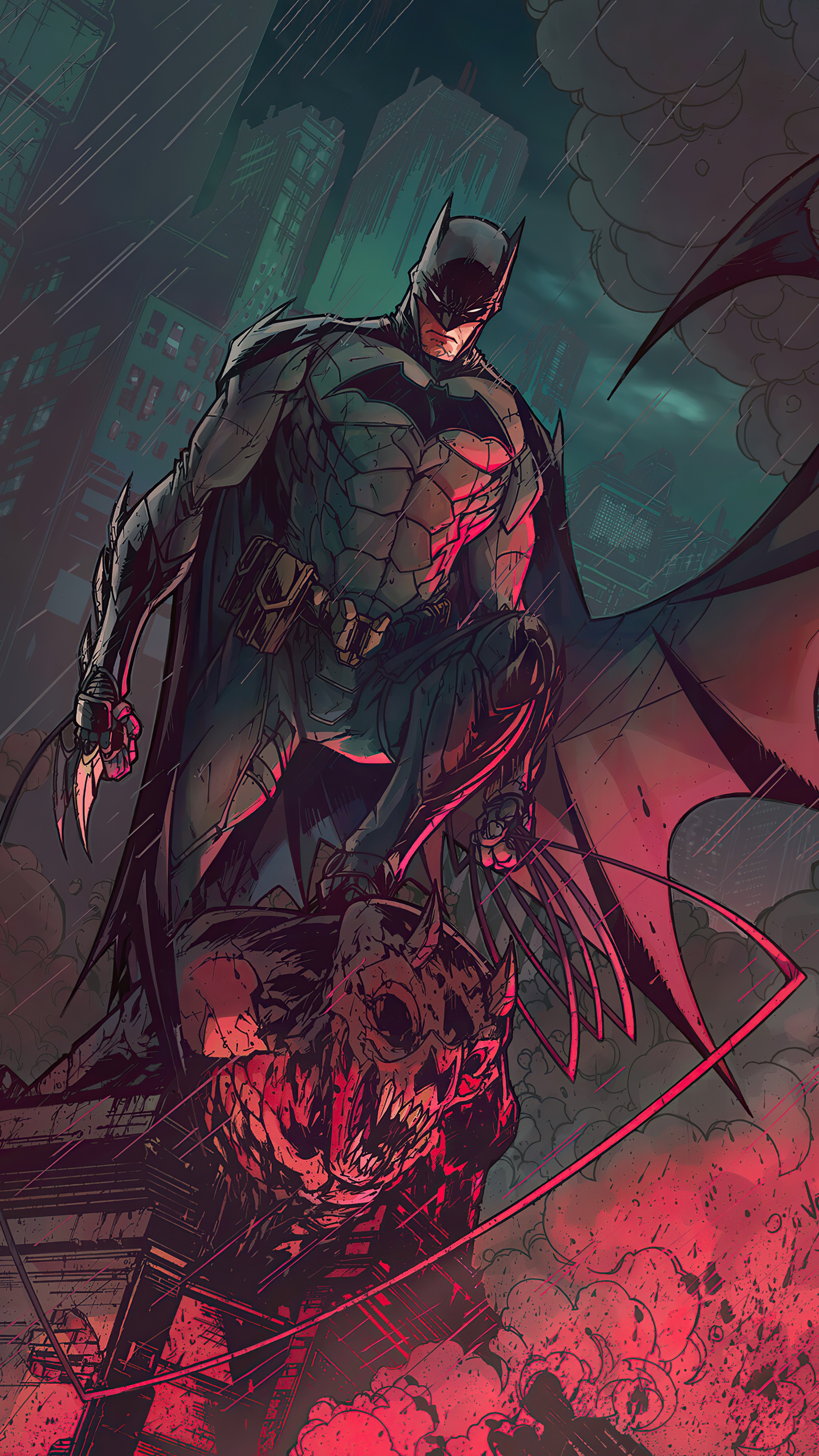 Batman standing on a monster in Gotham City 4K HD Phone Wallpaper