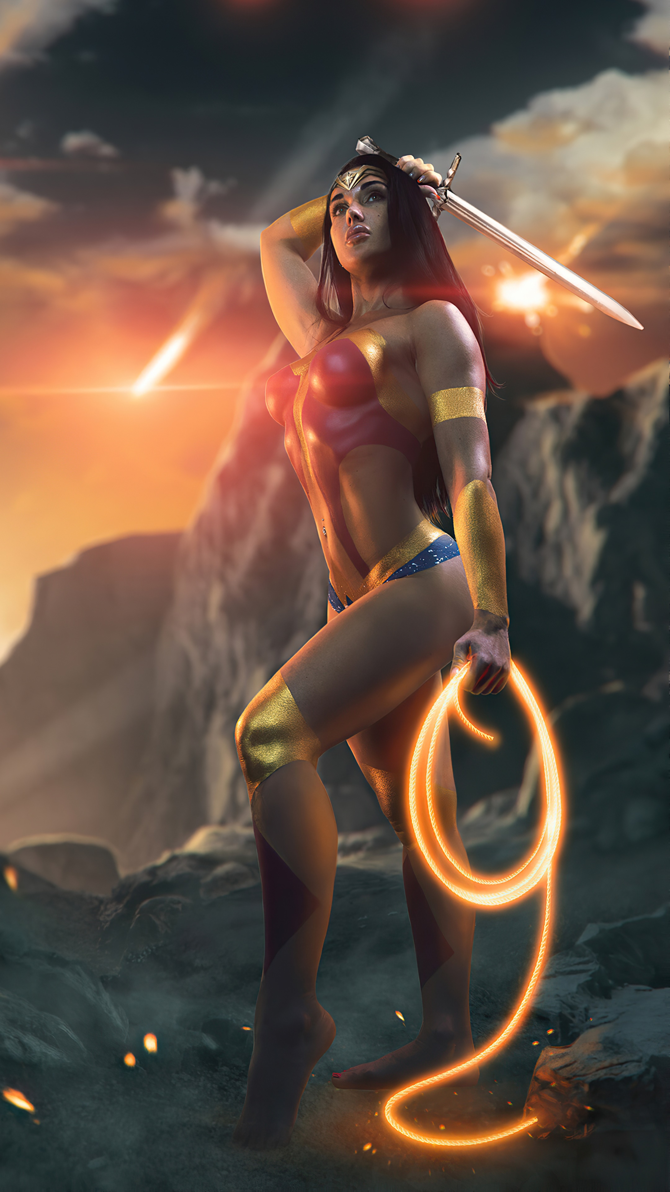 Wonder Woman cosplay with sword and lasso HD Phone Wallpaper
