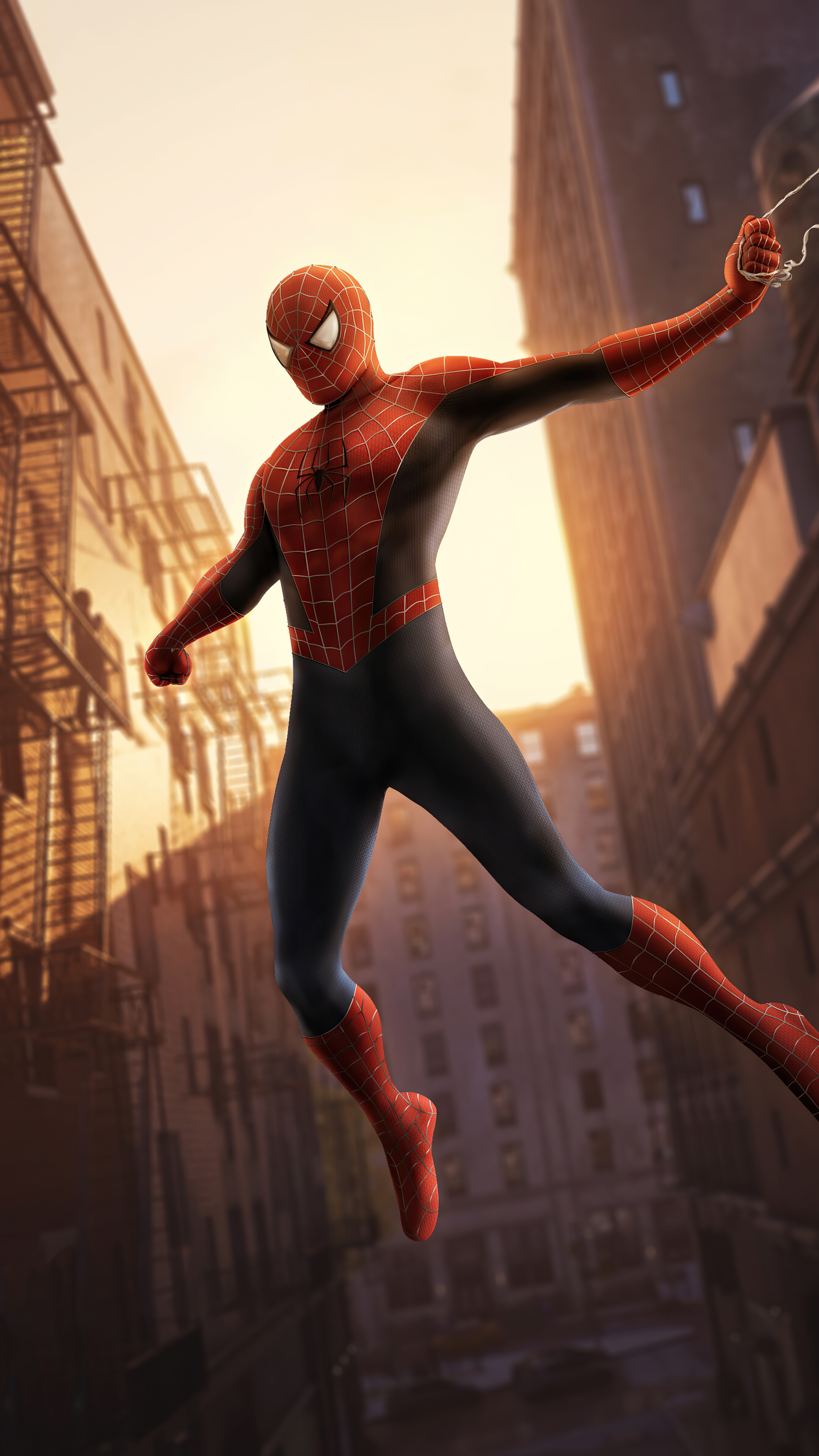 Spider-Man swinging through a city at sunset HD Phone Wallpaper